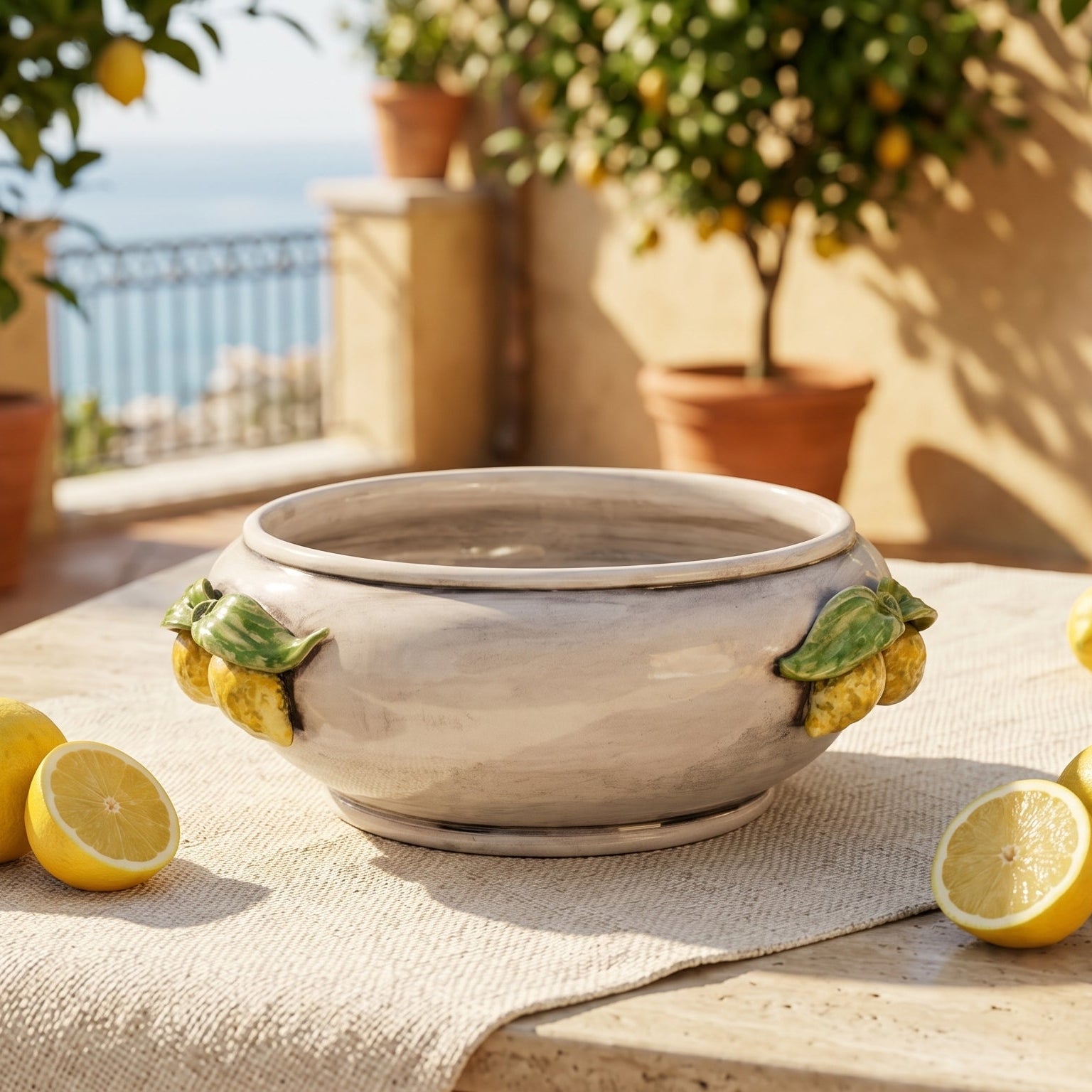 Centrotavola con Limoni Siciliani in Ceramica di Caltagirone Ø 25 cm - Madreperla