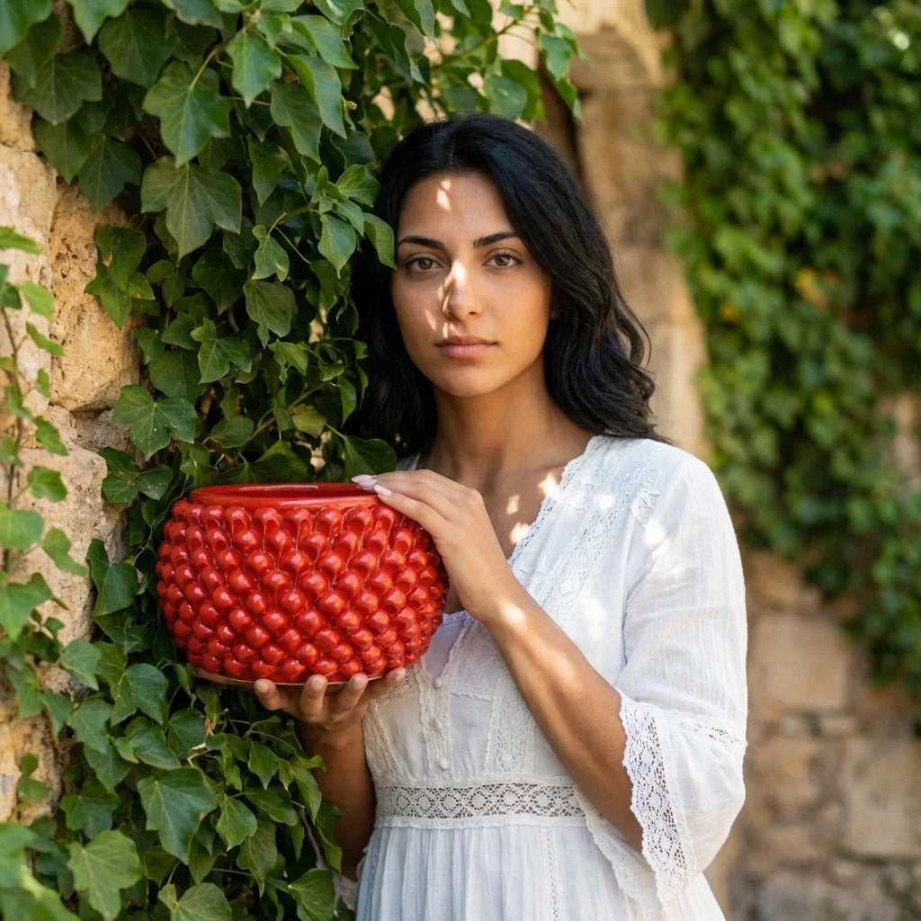 Vaso Mezza Pigna Senza Piede in Ceramica di Caltagirone - Rosso Fuoco