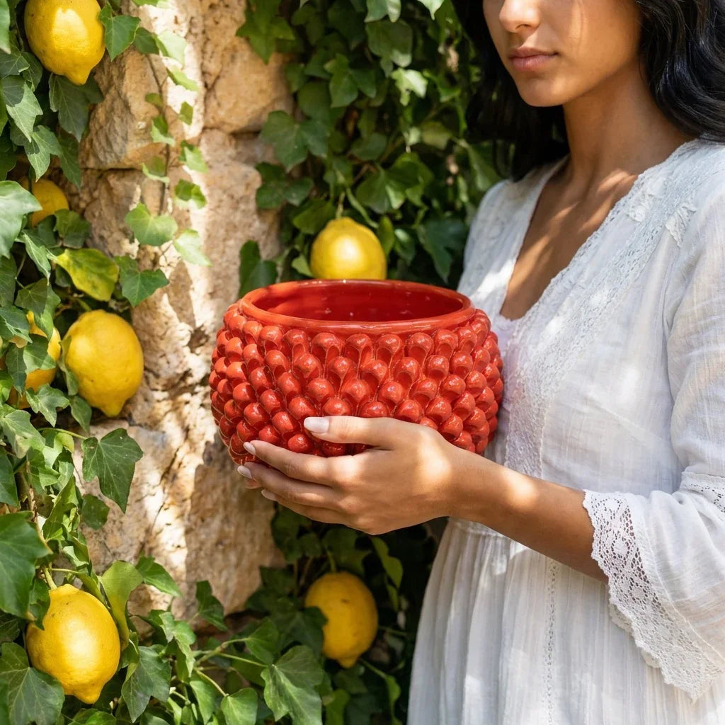 Vaso Mezza Pigna Senza Piede in Ceramica di Caltagirone - Rosso Fuoco
