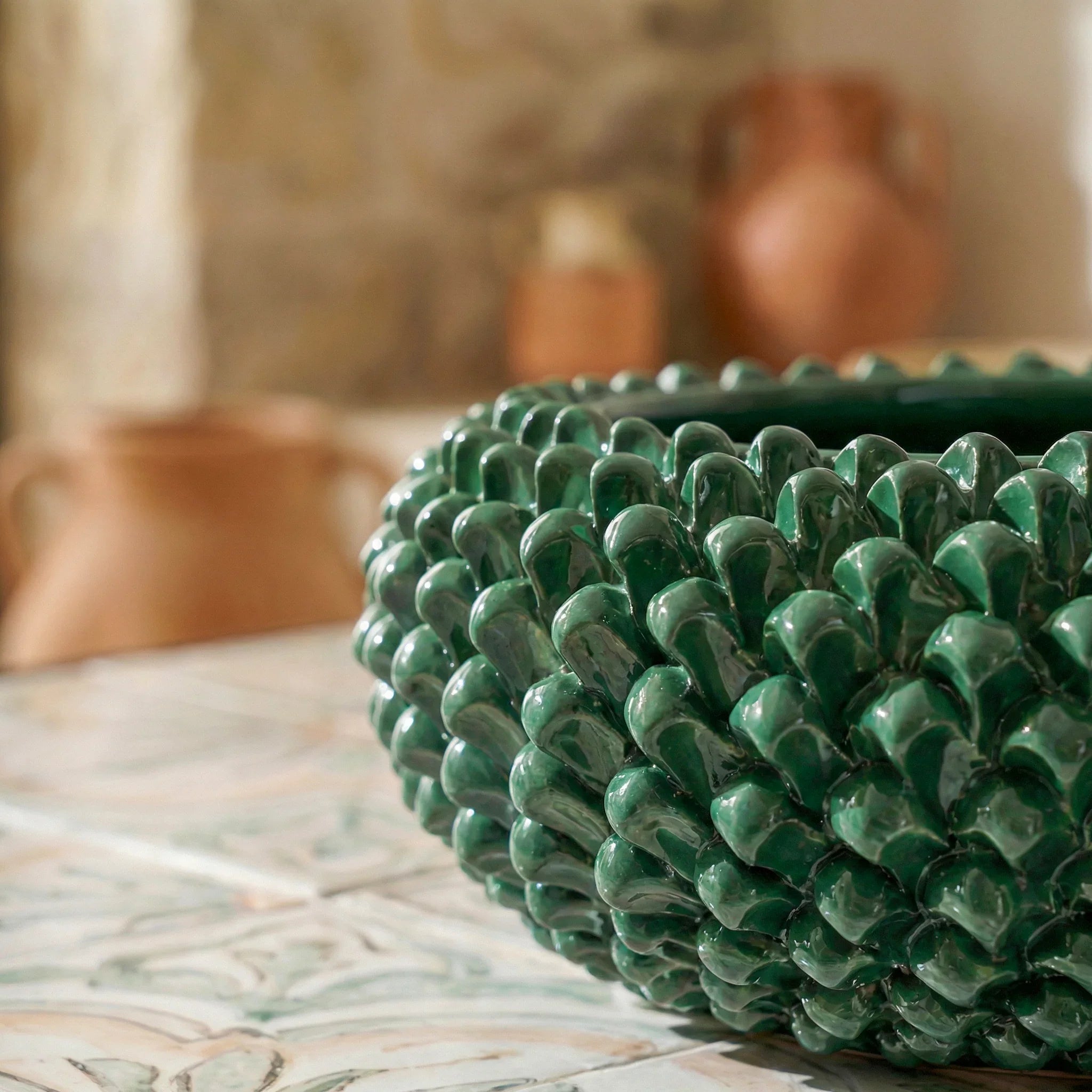 Centrotavola a Pigna in Ceramica di Caltagirone Ø 25/33 cm - Verde Antico