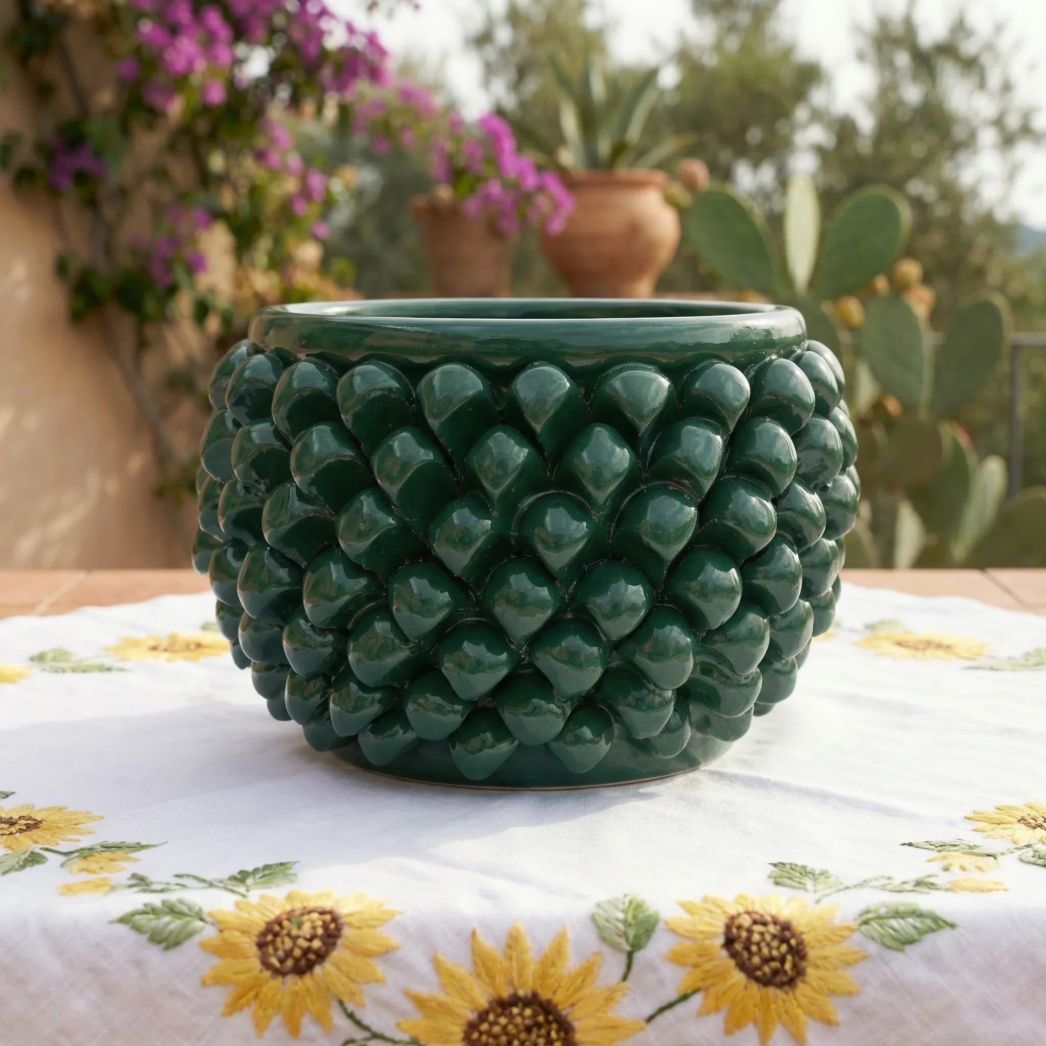 Vaso Mezza Pigna Senza Piede in Ceramica di Caltagirone - Verde Antico