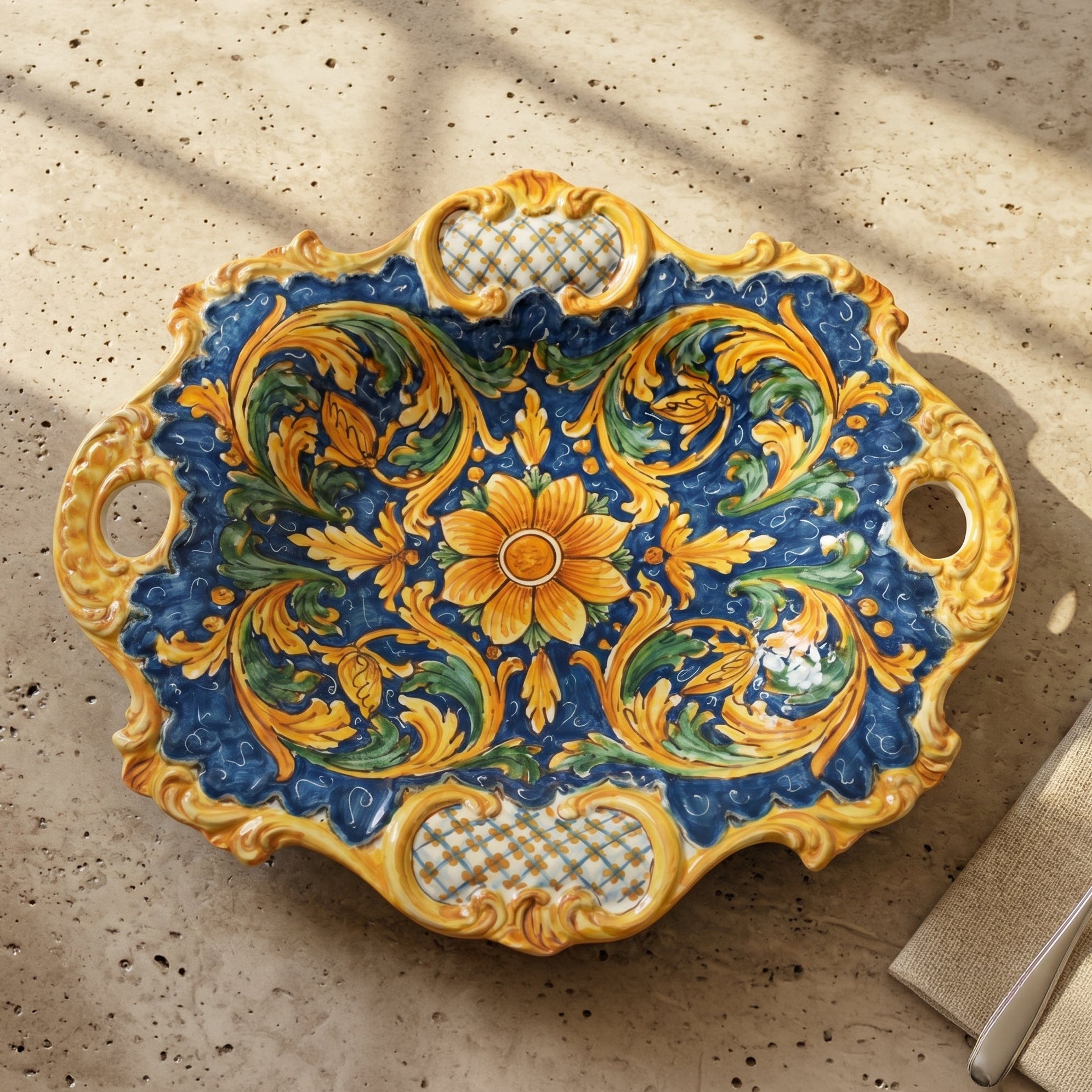 Centrotavola Barocco in Ceramica di Caltagirone 38×33 cm - Ornato Calatino