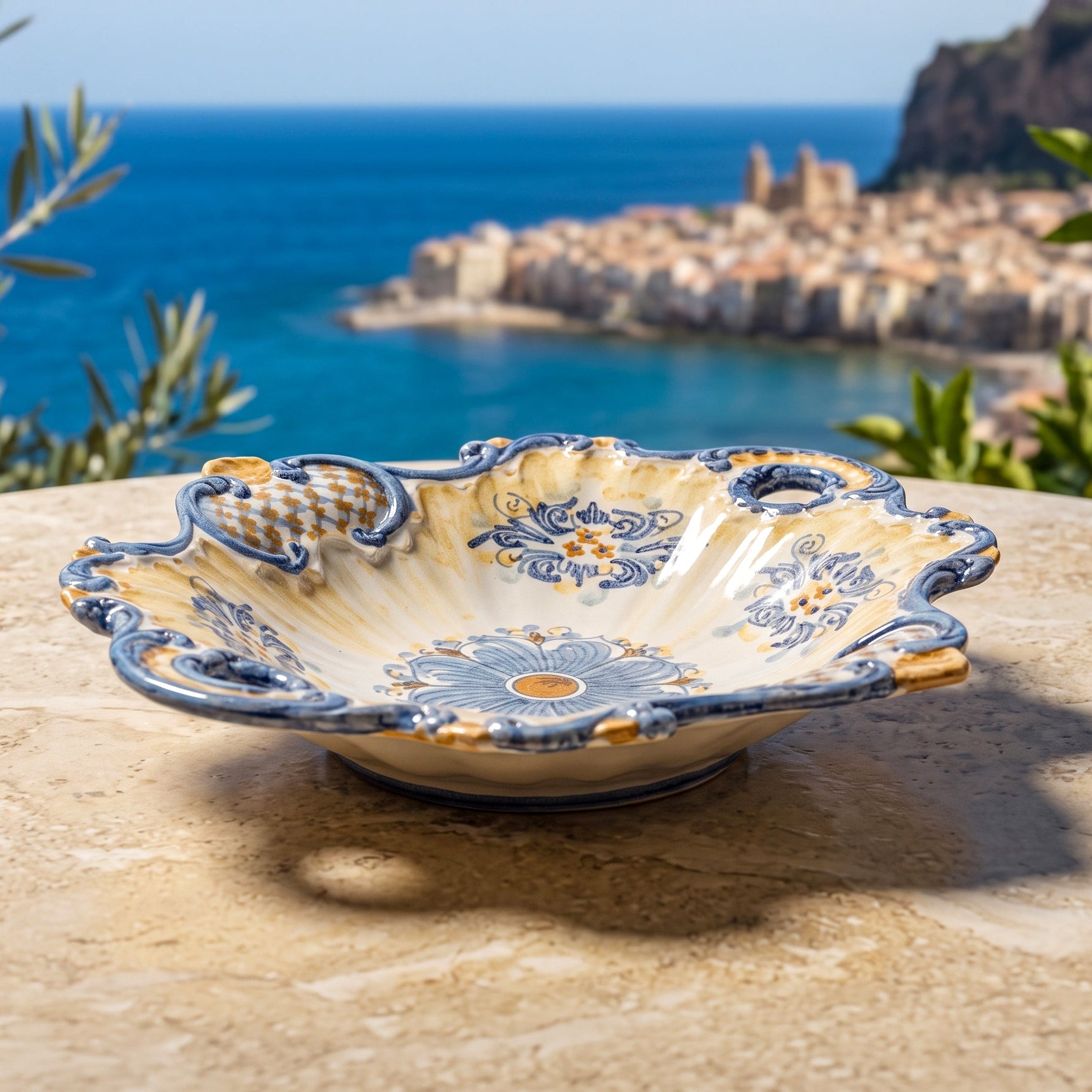 Centrotavola Barocco in Ceramica di Caltagirone 38×33 cm - Blu e Arancio, Serie d'Arte