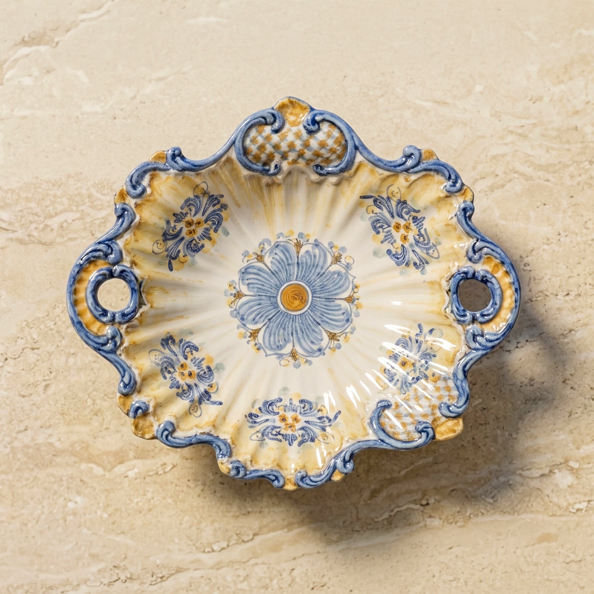 Centrotavola Barocco in Ceramica di Caltagirone 38×33 cm - Blu e Arancio, Serie d'Arte