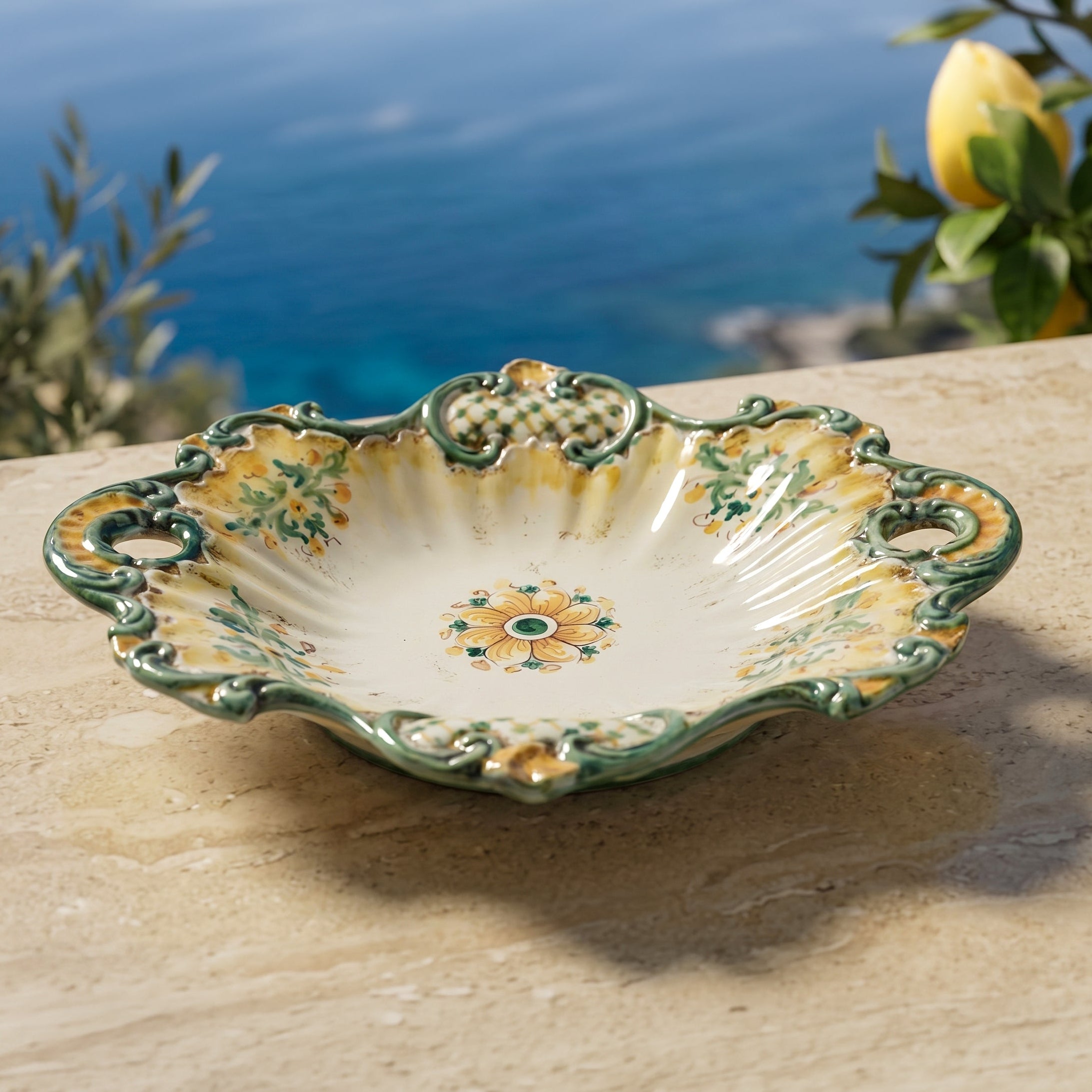 Centrotavola Barocco in Ceramica di Caltagirone 38×33 cm - Verde e Arancio, Serie d'Arte