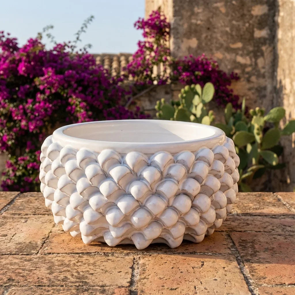 Vaso Mezza Pigna Senza Piede in Ceramica di Caltagirone - White Line