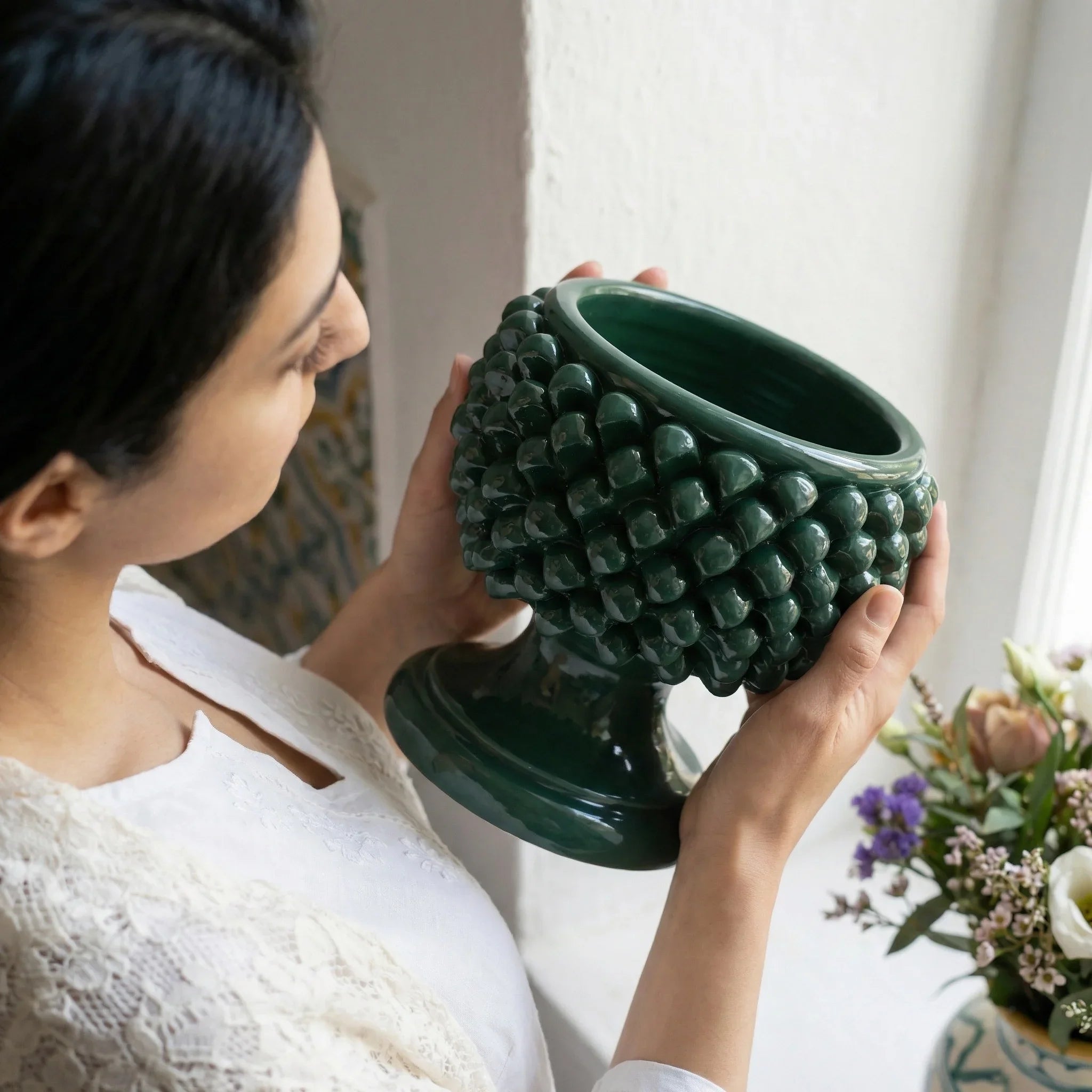 Vaso Mezza Pigna in Ceramica di Caltagirone - Verde Antico