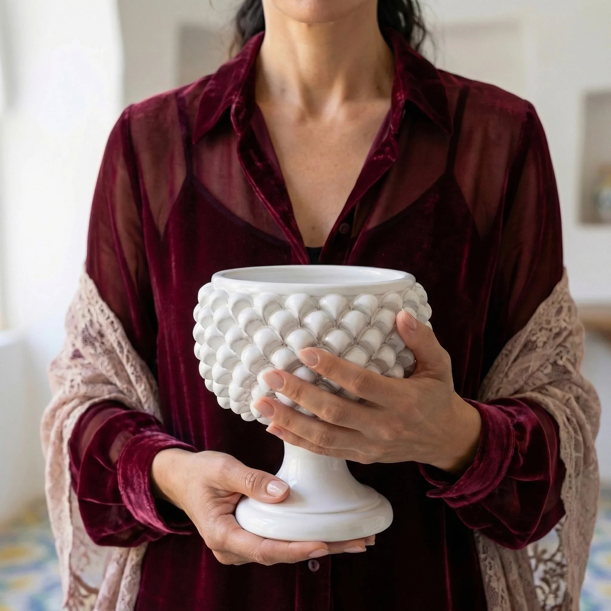 Vaso Mezza Pigna in Ceramica di Caltagirone - White Line