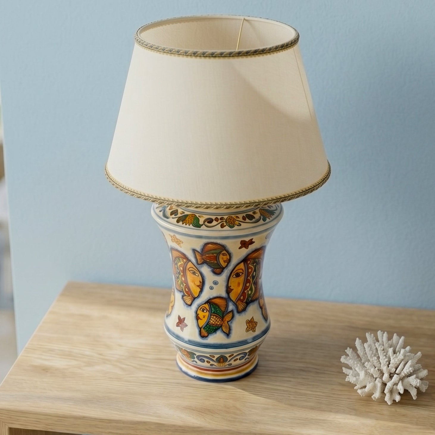 Lume Albarello in Ceramica di Caltagirone h 35 cm - Decoro Pesci