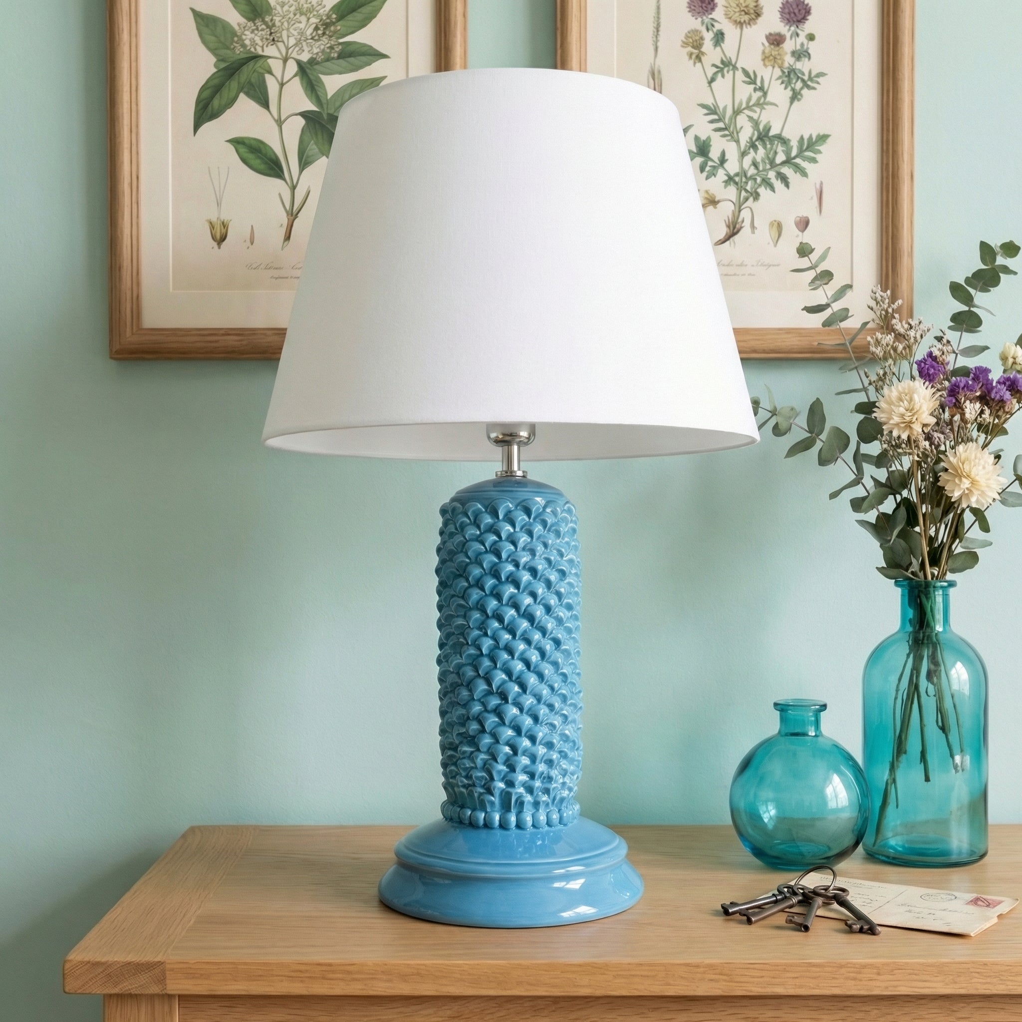 Lume Pigna Cilindro in Ceramica di Caltagirone h 60 cm - Turchese