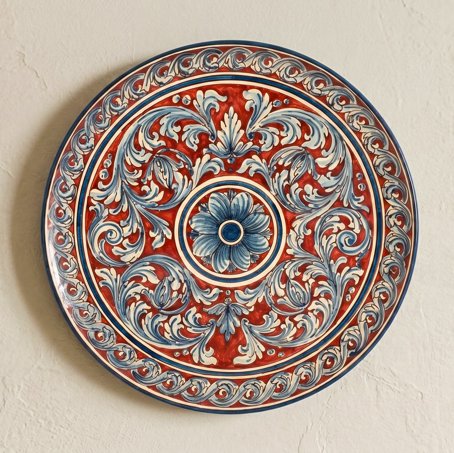 Piatto Ornamentale in Ceramica di Caltagirone - Ornato Blu e Bordeaux