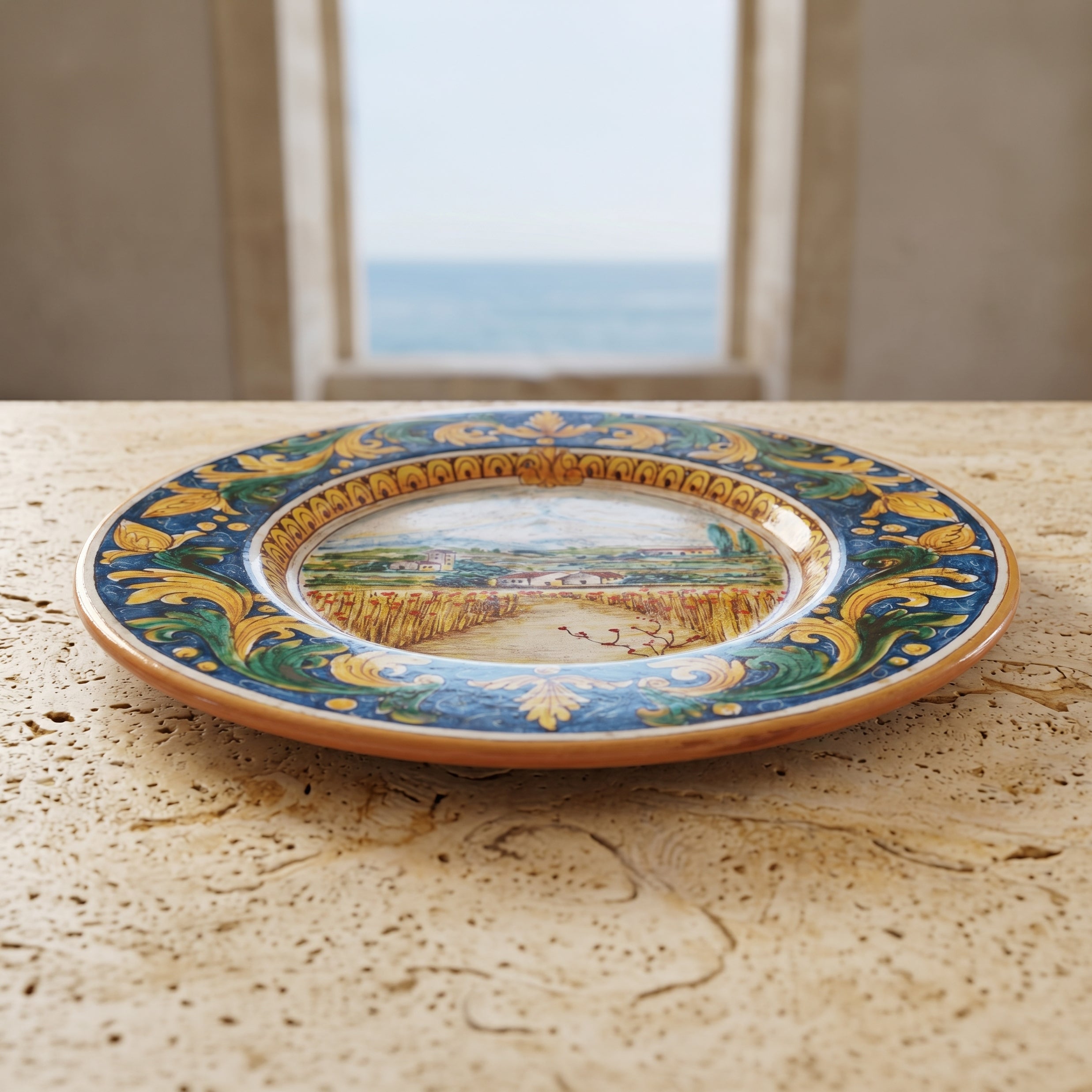 Piatto Cappello Prete in Ceramica di Caltagirone - Paesaggio Etna con Frumento, Ornato Calatino