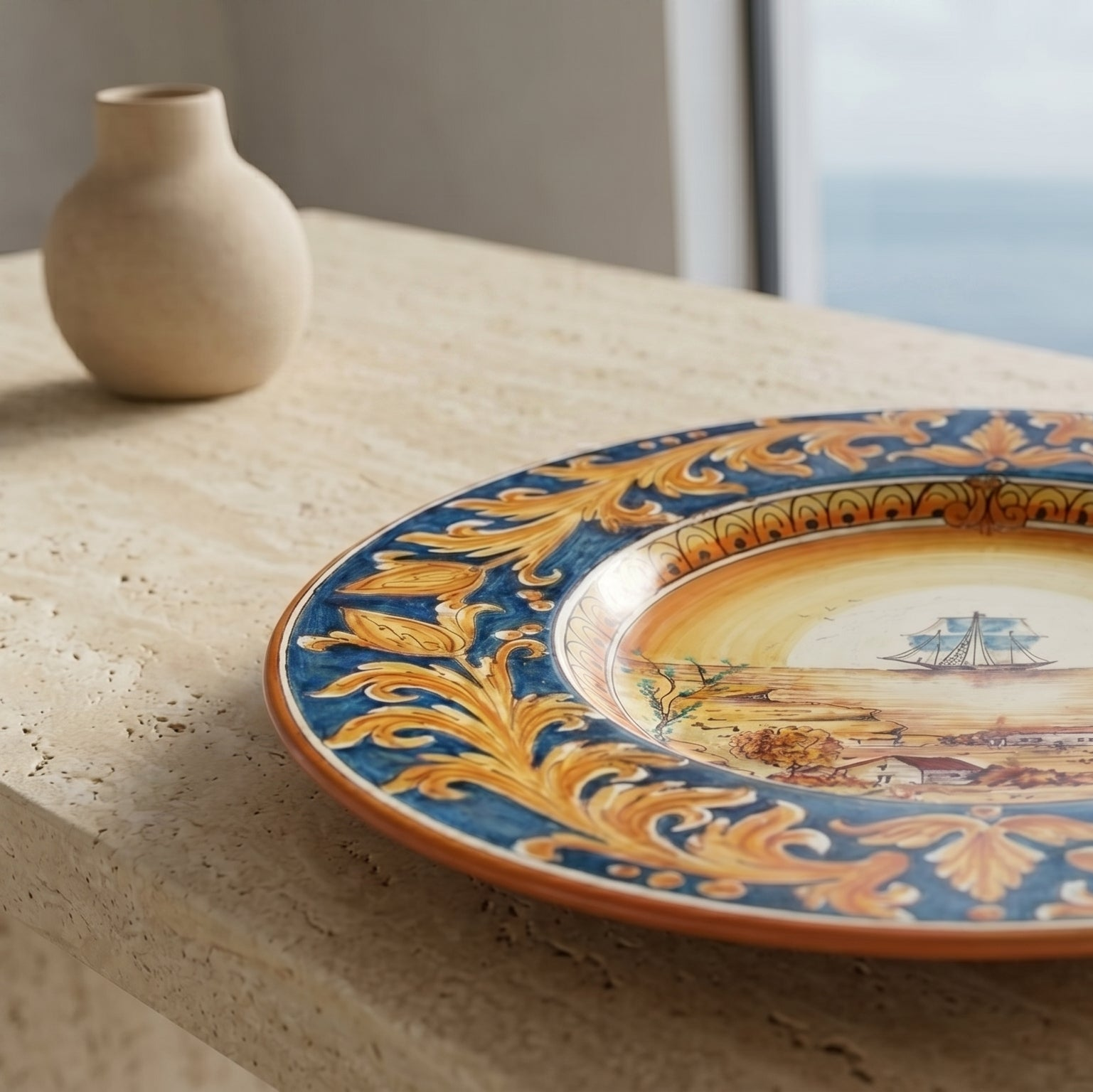 Piatto Cappello Prete in Ceramica di Caltagirone - Veliero, Ornato Fondo Blu