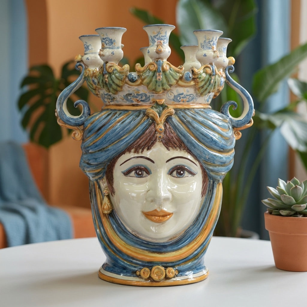 Testa di Moro a Candeliere h 40 cm - Donna, Blu e Arancio