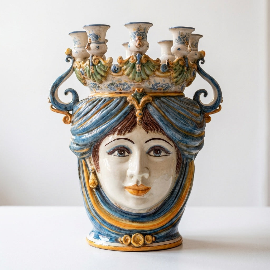 Testa di Moro a Candeliere h 40 cm - Donna, Blu e Arancio