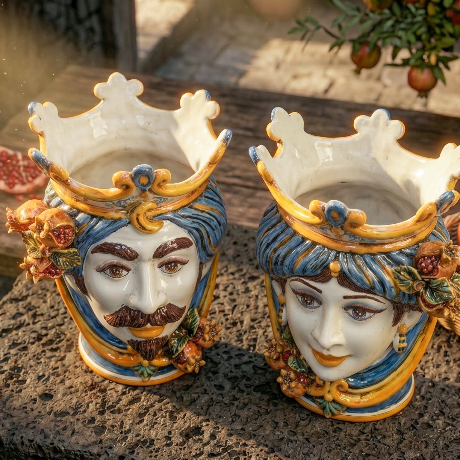 Testa di Moro con Melograni h 25 cm - Maschio Bianco, Blu e Arancio