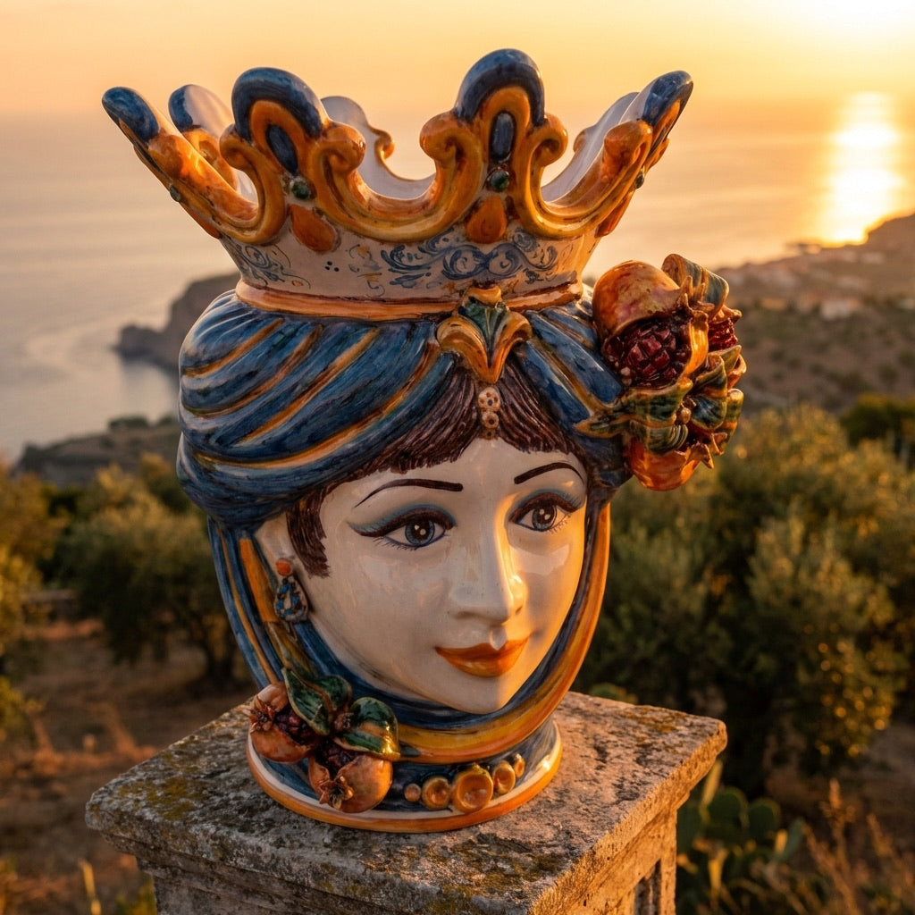 Testa di Moro con Melograni h 40 cm - Donna, Blu e Arancio