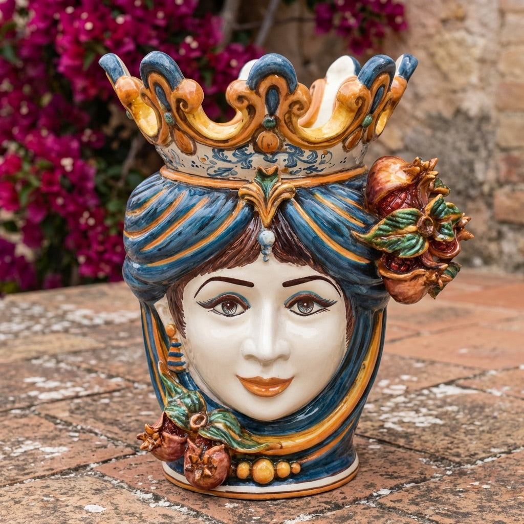 Testa di Moro con Melograni h 40 cm - Donna, Blu e Arancio
