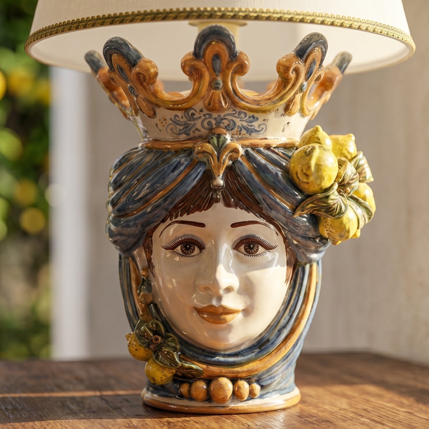 Lume a Testa con Limoni h 70 cm (ceramica h 40 cm, Paralume in Tessuto Ø 45 cm) - Donna, Blu e Arancio