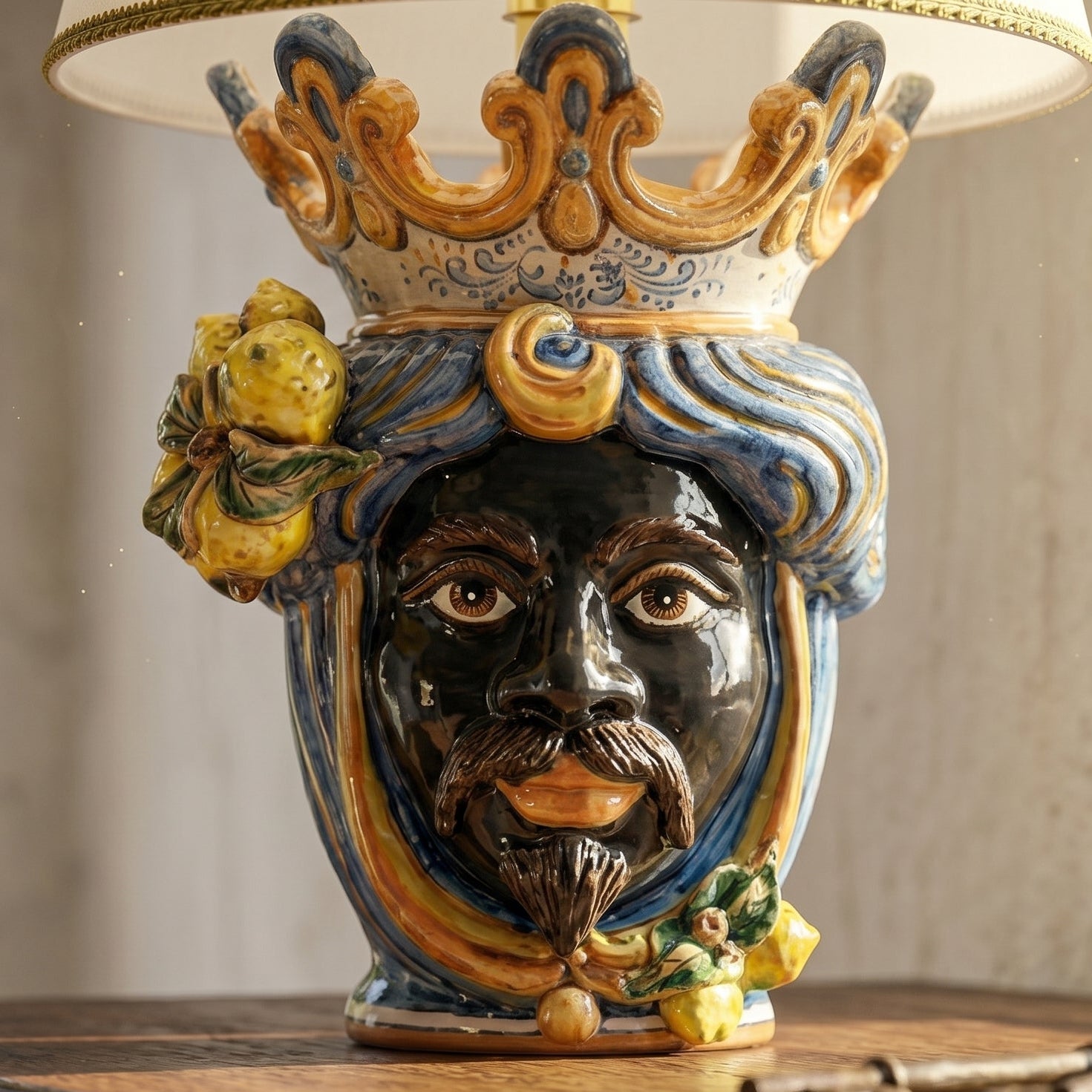 Lume a Testa con Limoni h 70 cm (ceramica h 40 cm, Paralume in Tessuto Ø 45 cm) - Maschio Moro, Blu e Arancio