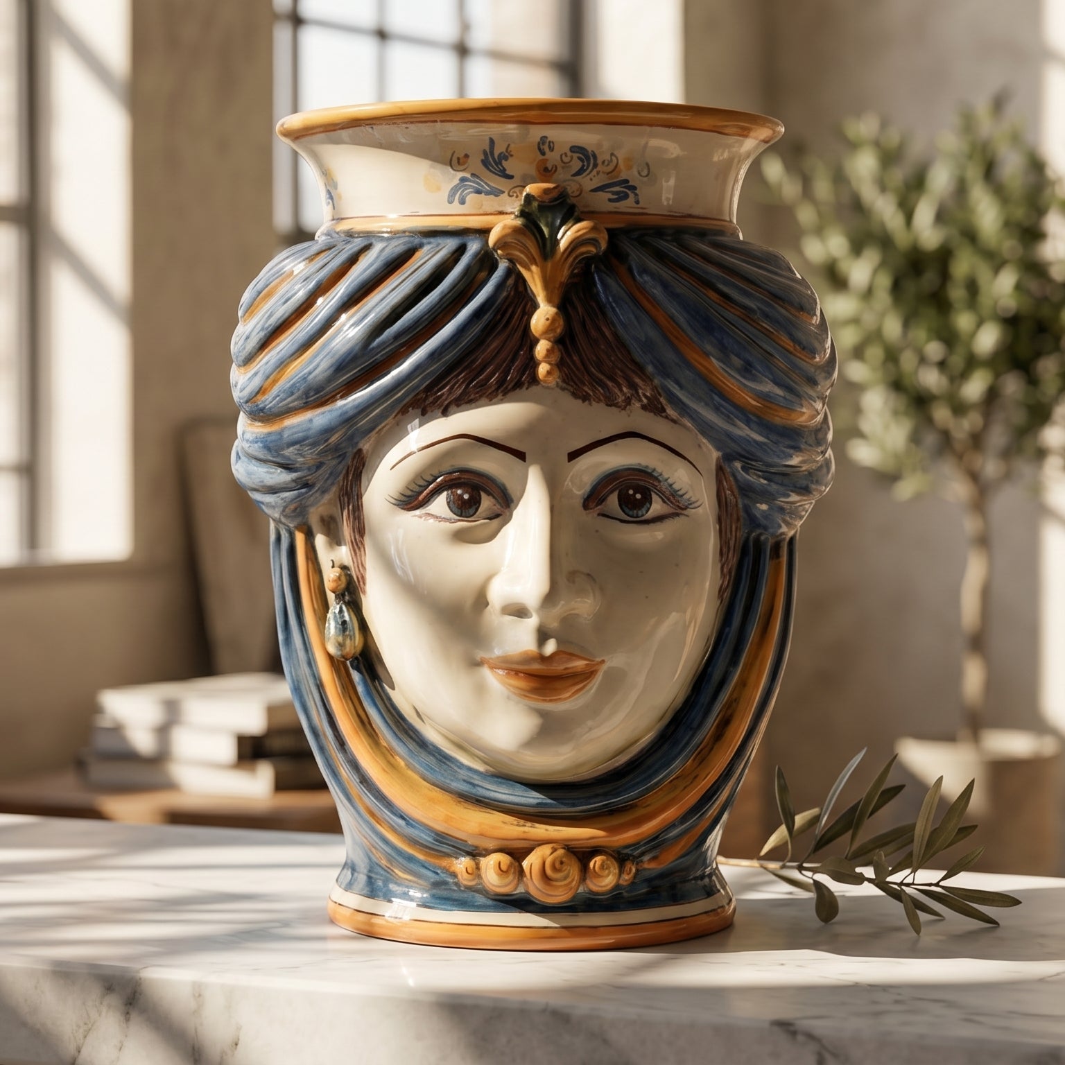 Testa di Moro con Corona h 33 cm - Donna, Blu e Arancio