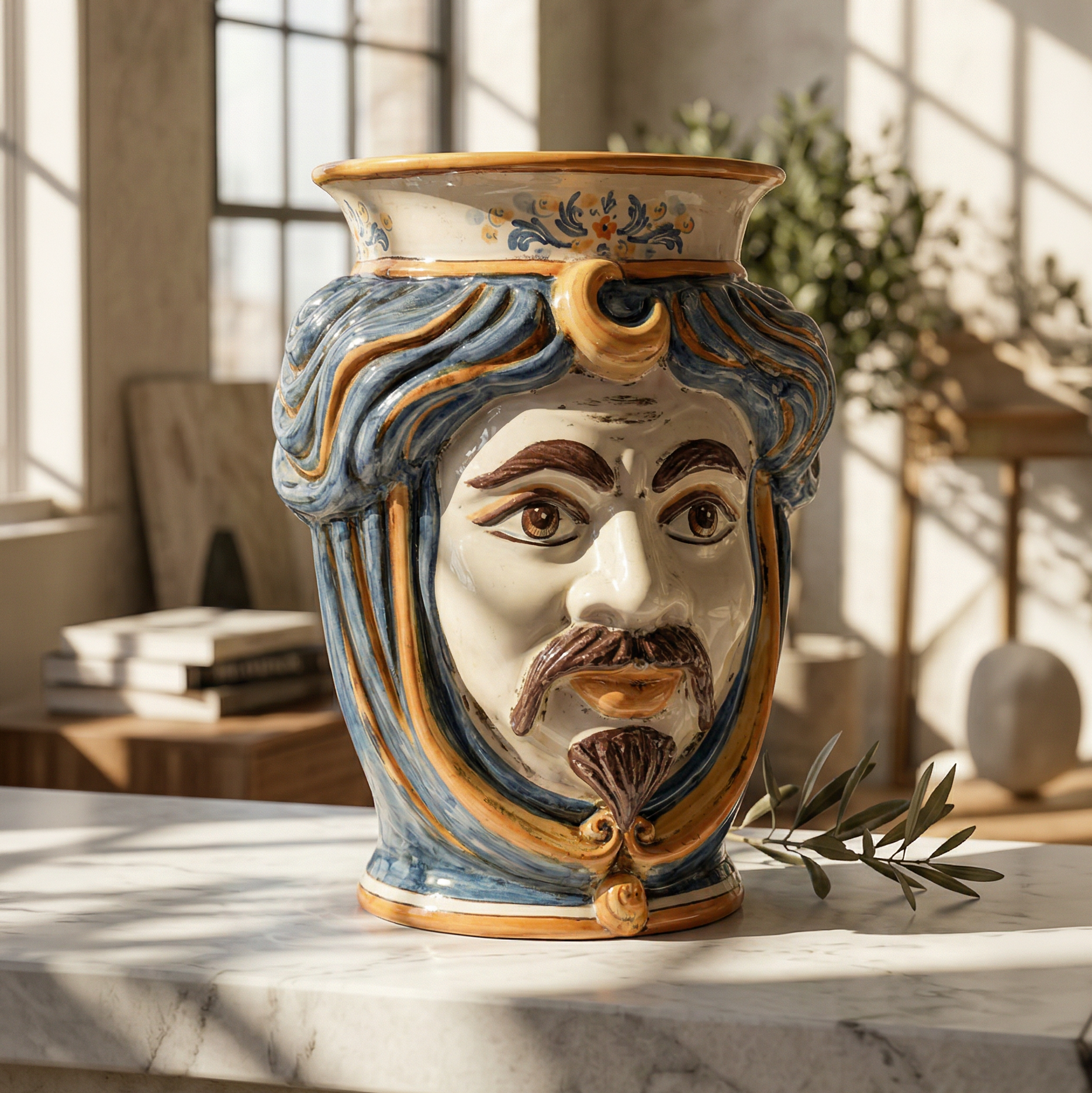 Testa di Moro con Corona h 33 cm - Maschio Bianco, Blu e Arancio