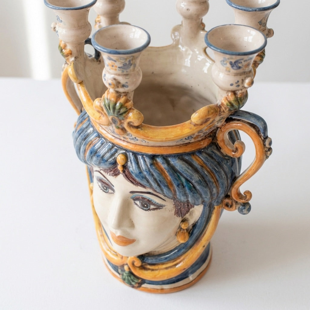 Testa di Moro a Candeliere h 25 cm - Donna, Blu e Arancio