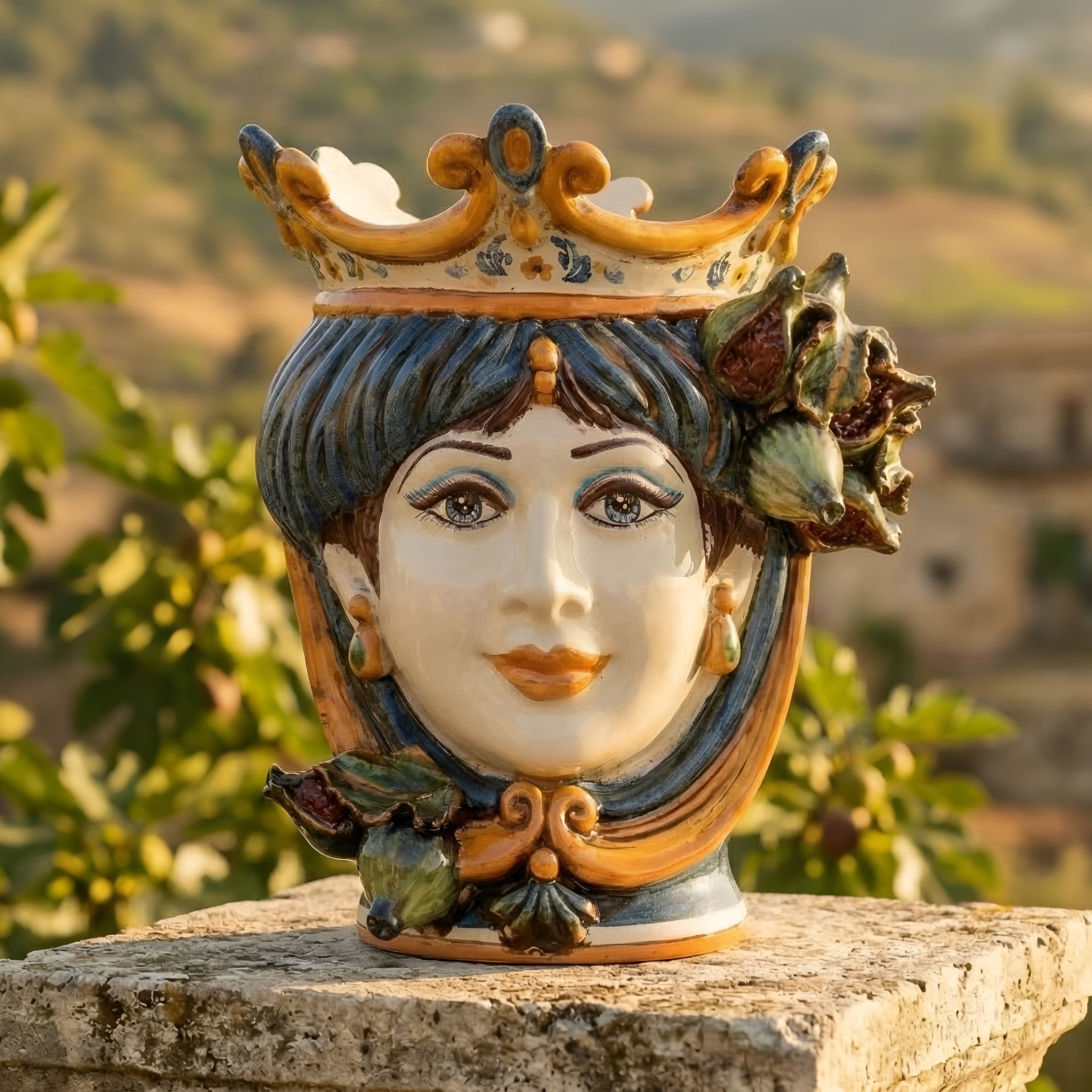 Testa di Moro con Fichi h 25 cm - Donna, Blu e Arancio