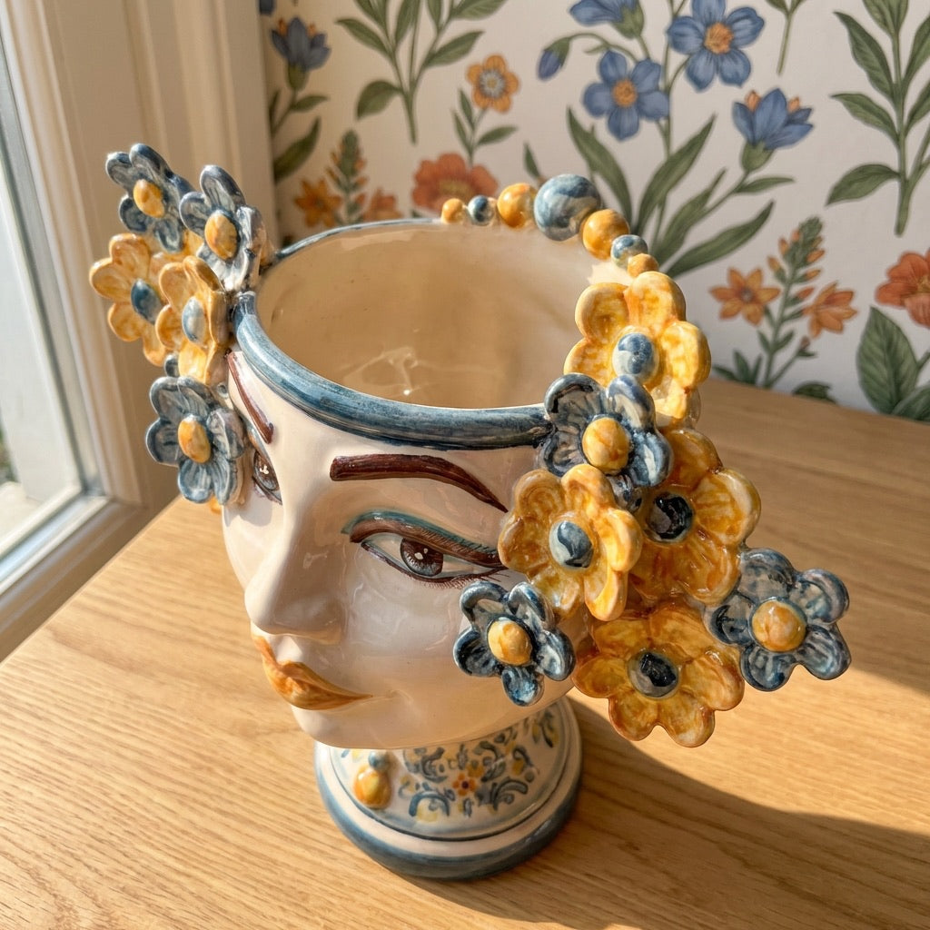 Testa di Moro con Fiori h 20 cm, Blu e Arancio