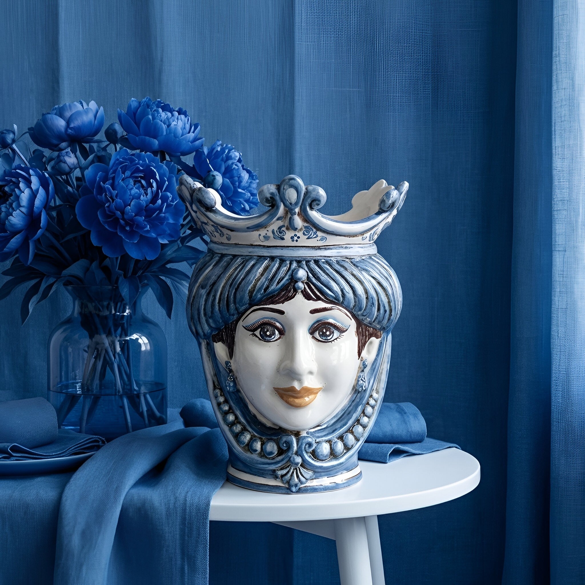 Testa di Moro con Perline h 25 cm - Donna, Mono Blu