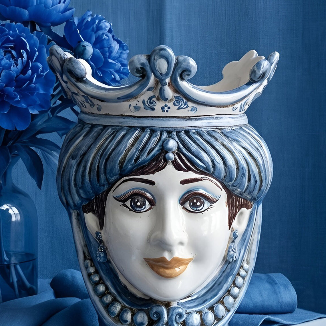 Testa di Moro con Perline h 25 cm - Donna, Mono Blu