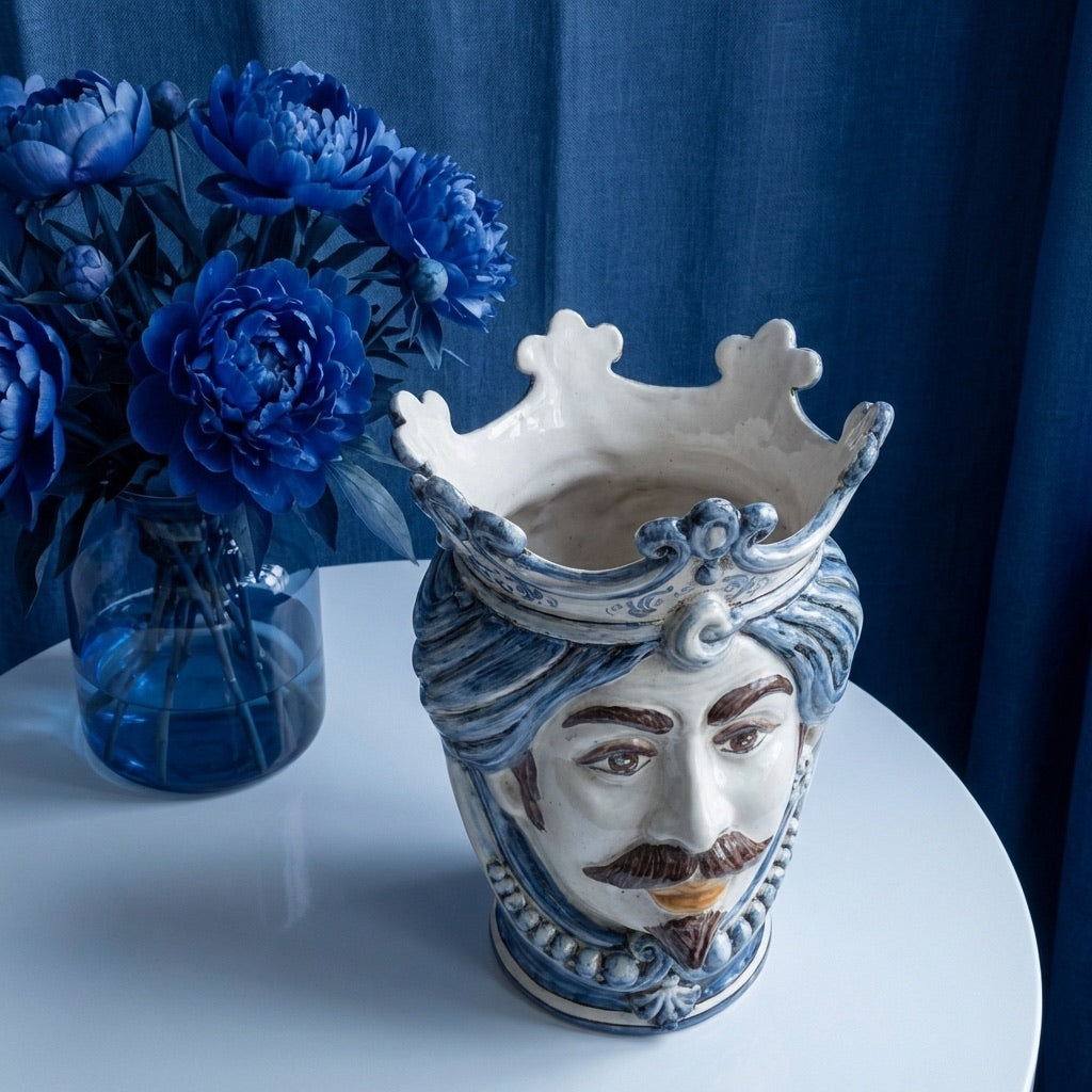 Testa di Moro con Perline h 25 cm - Maschio Bianco, Mono Blu