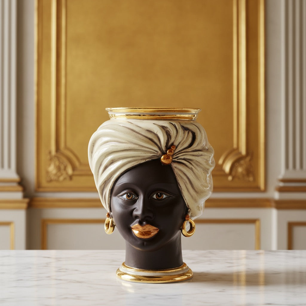 Testa Tuareg h 20 cm - Donna, Madreperla Antichizzato Oro e Lustri