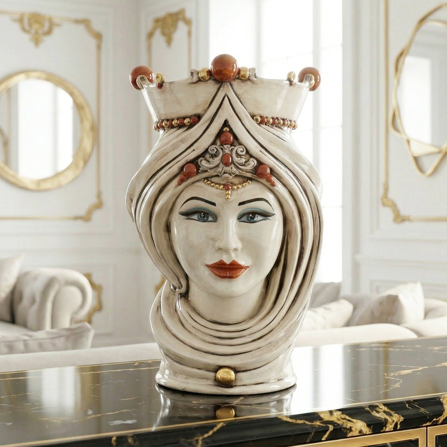 Testa di Moro con Turbante h 45 cm - Donna, Madreperla Antichizzato Oro e Lustri