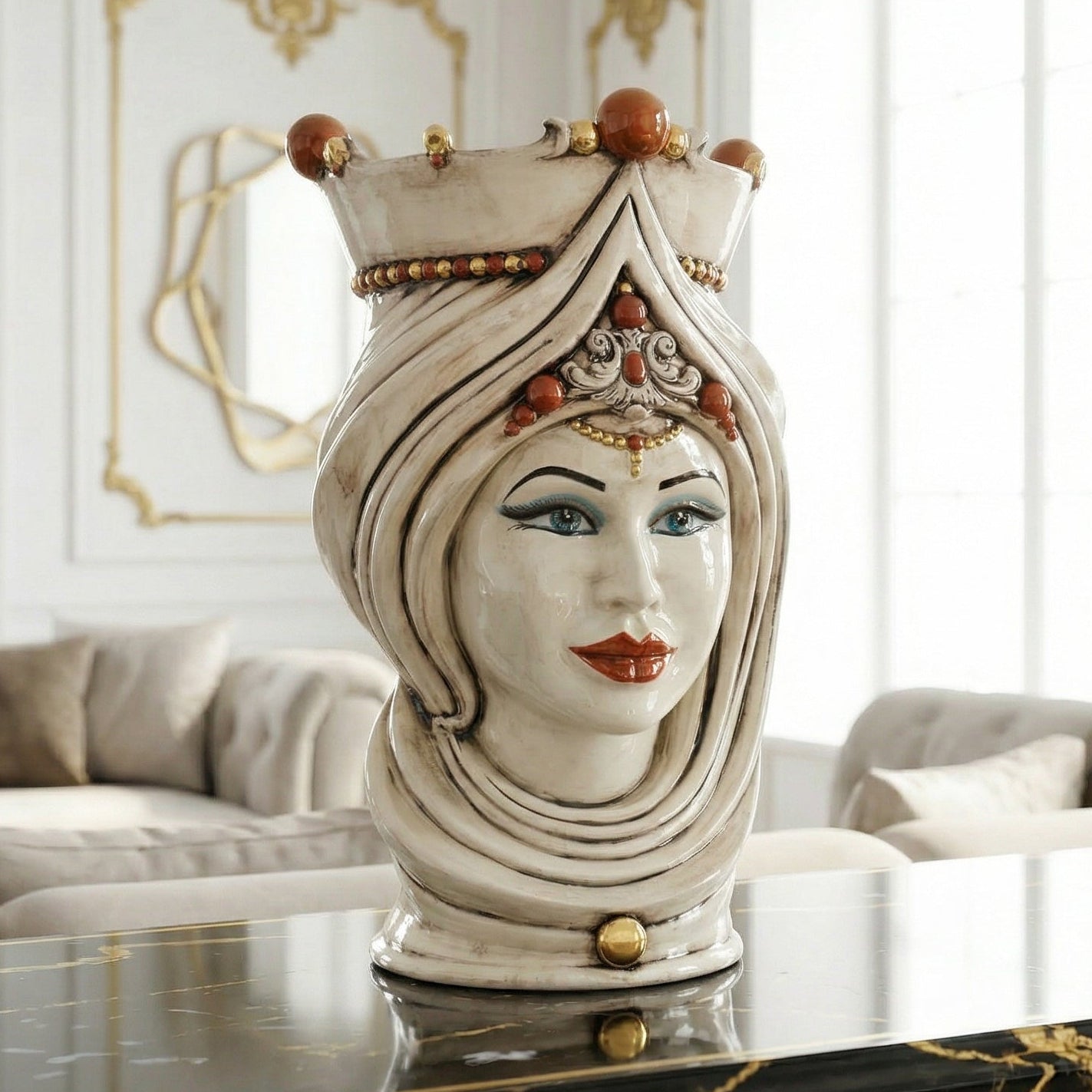 Testa di Moro con Turbante h 45 cm - Donna, Madreperla Antichizzato Oro e Lustri