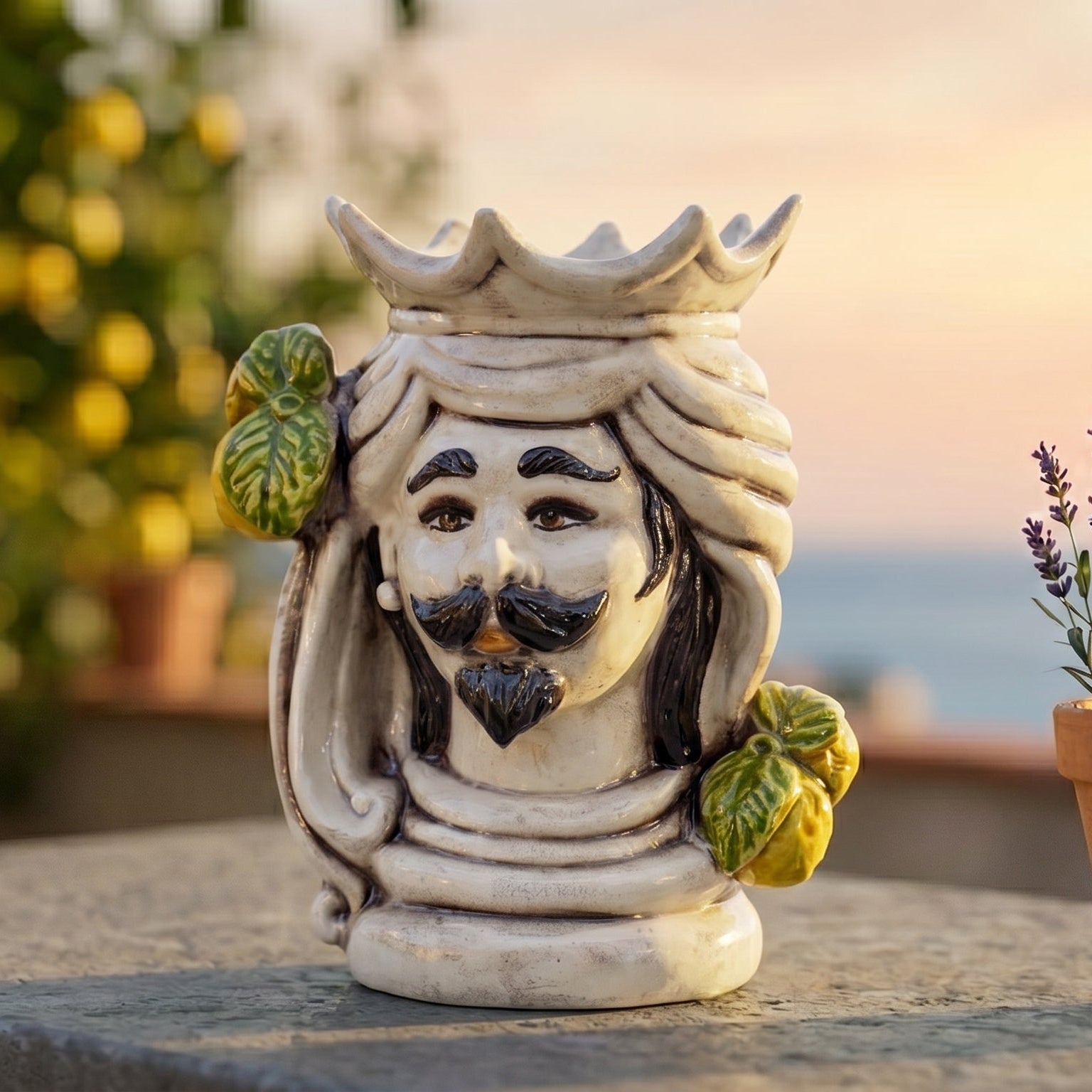 Testa di Moro in Ceramica di Caltagirone h 15 cm - Maschio Bianco, Limoni di Sicilia, Madreperla Colorato