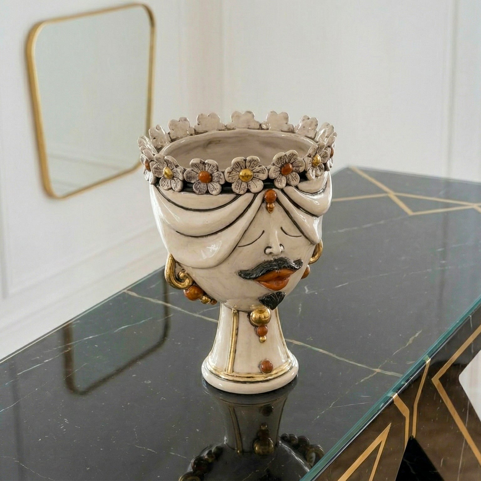 Testa Zahira con Fiori h 30 cm - Uomo, Madreperla Antichizzato Oro e Lustri