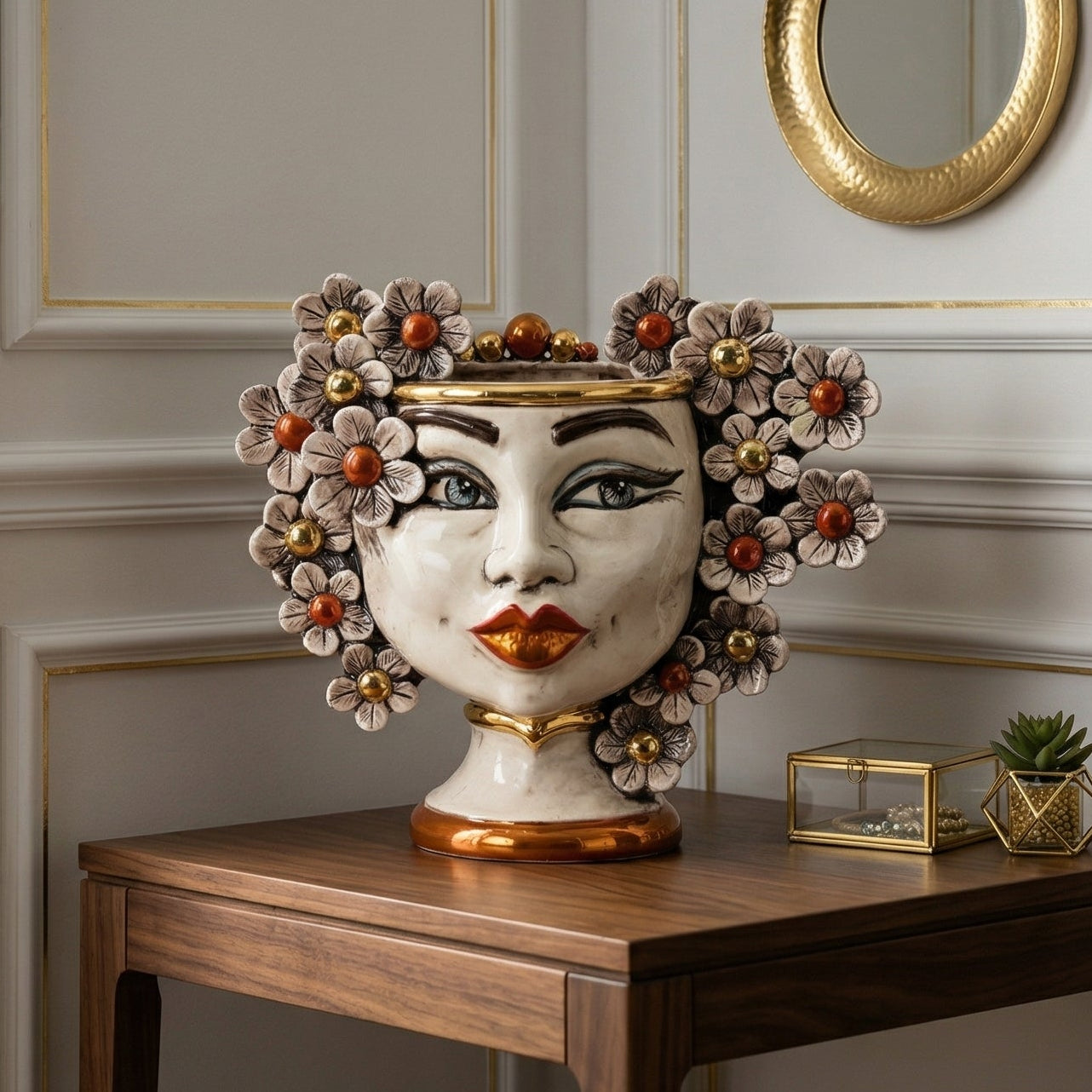 Testa di Moro con Fiori h 20 cm - Donna, Madreperla Antichizzato Oro e Lustri