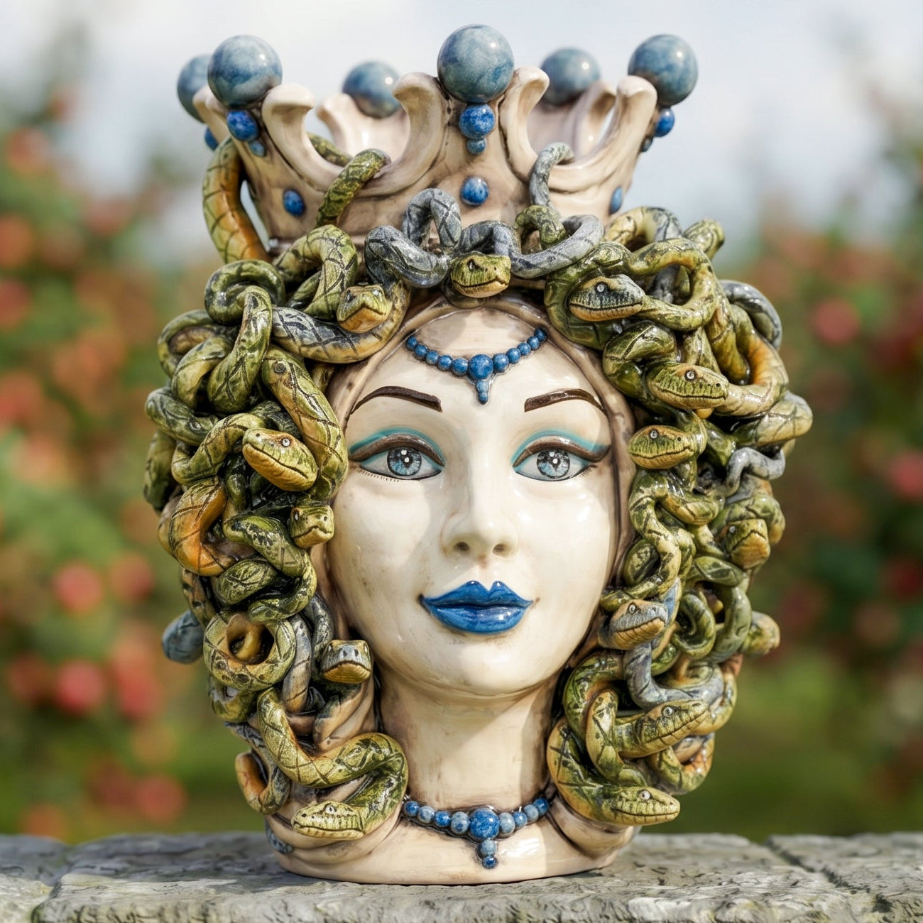 Testa Medusa h 38 cm - Madreperla Antichizzato, Perline Blu | Ceramica Caltagirone