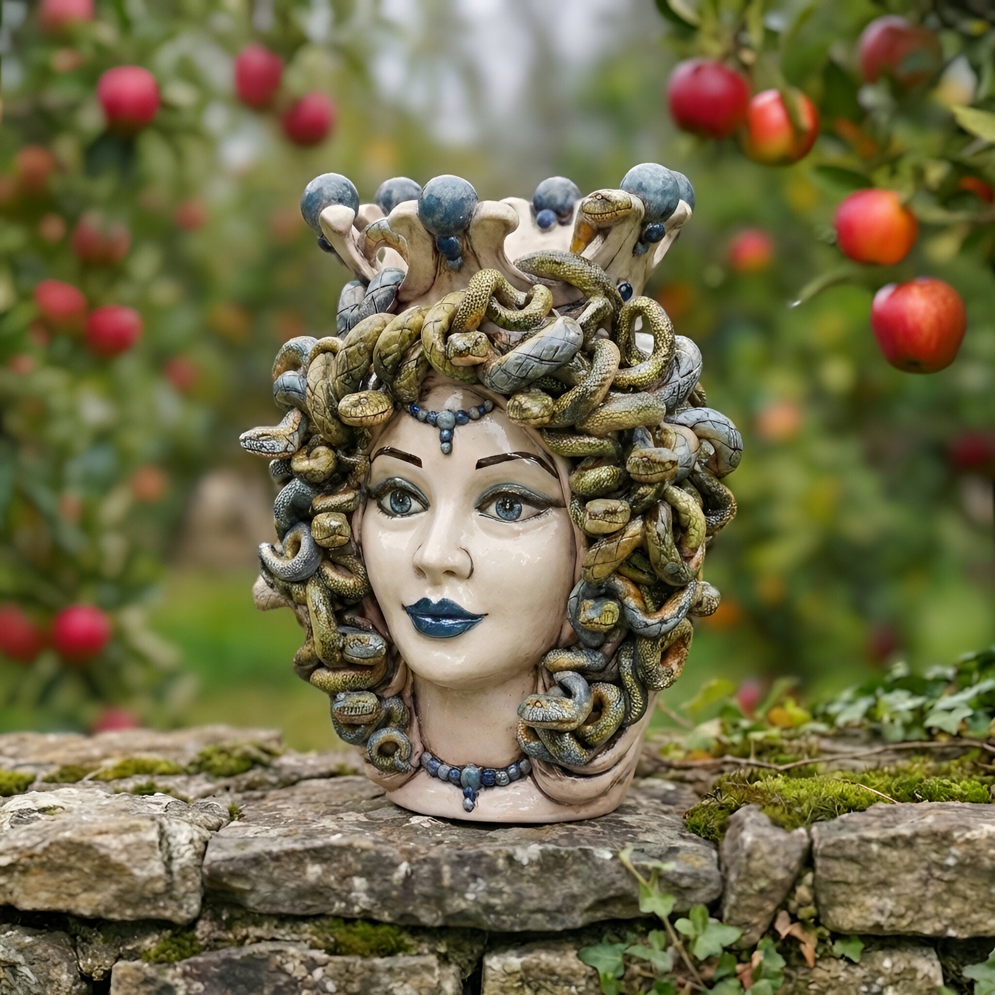 Testa Medusa h 38 cm - Madreperla Antichizzato, Perline Blu | Ceramica Caltagirone