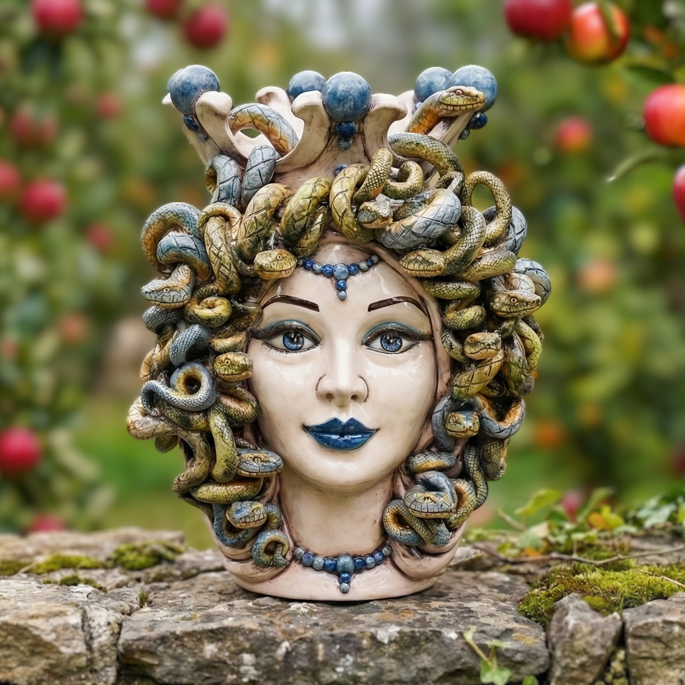 Testa Medusa h 38 cm - Madreperla Antichizzato, Perline Blu | Ceramica Caltagirone