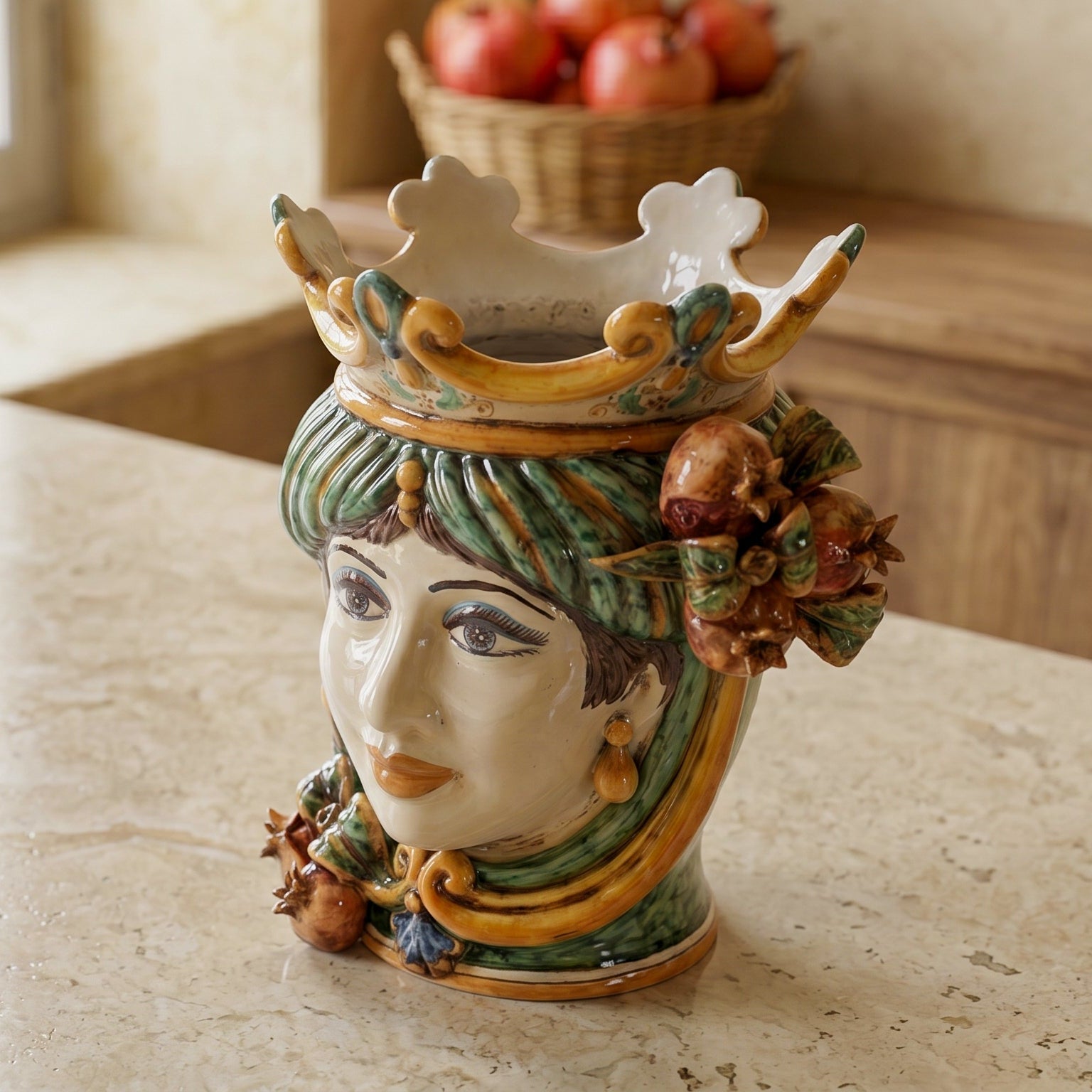 Testa di Moro con Melograni h 25 cm - Donna, Verde e Arancio