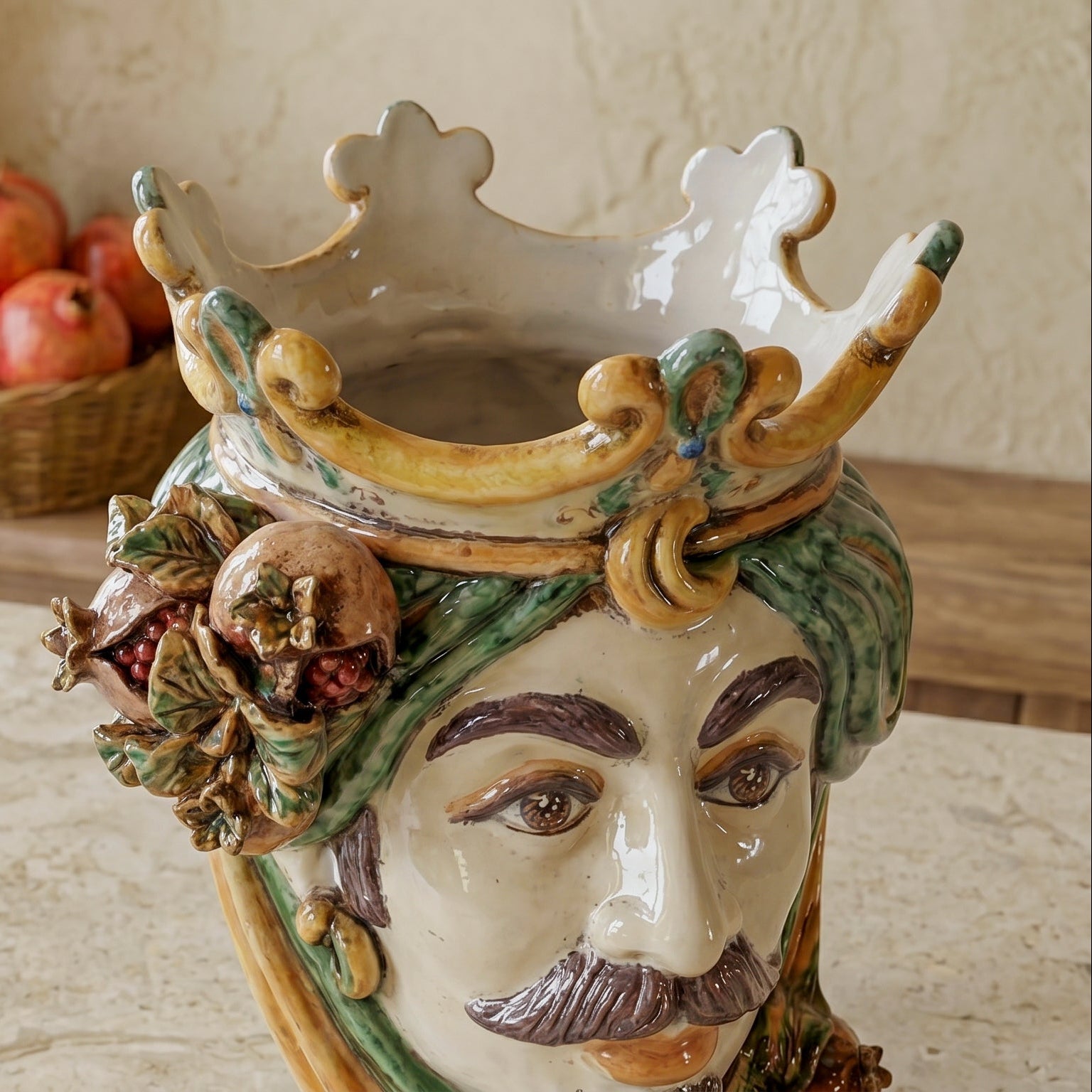 Testa di Moro con Melograni h 25 cm - Maschio Bianco, Verde e Arancio