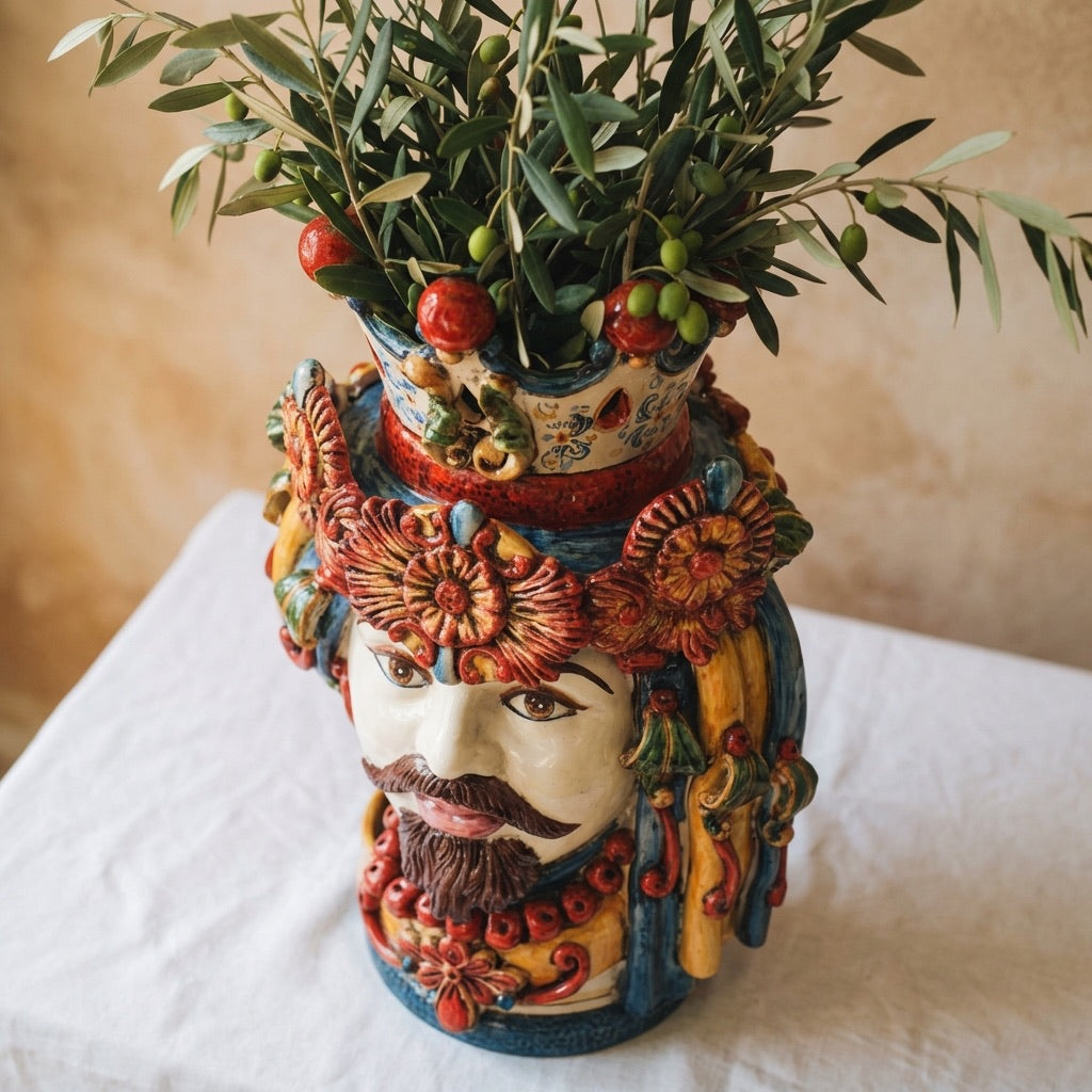Testa di Moro con Turbante h 50 cm - Maschio Bianco, Decoro Sicily