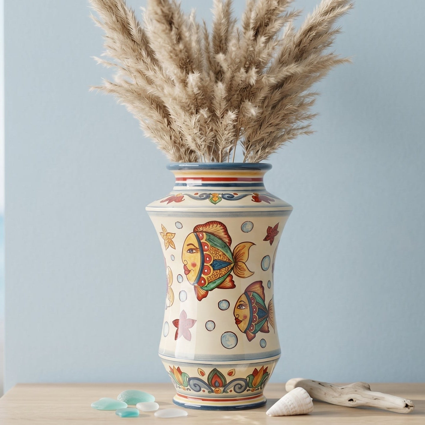 Vaso Albarello in Ceramica di Caltagirone - Decoro Pesci