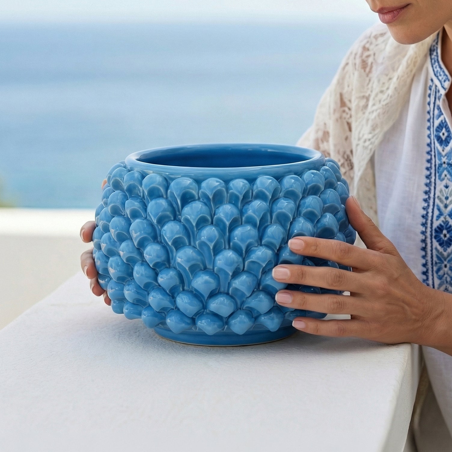 Vaso Mezza Pigna Senza Piede in Ceramica di Caltagirone - Turchese