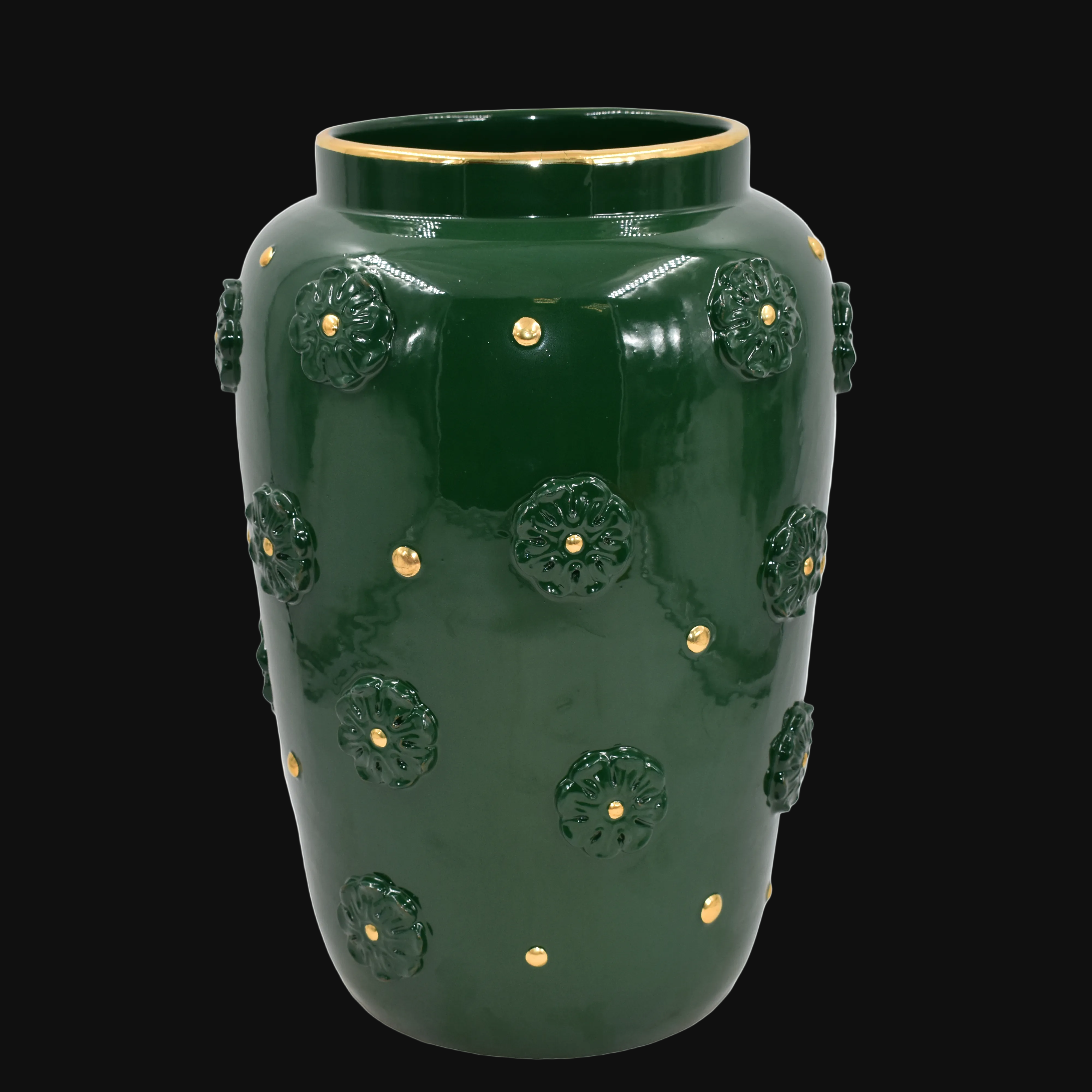 Vaso in Ceramica di Caltagirone h 37 cm - Rosone, Verde Antico e Oro