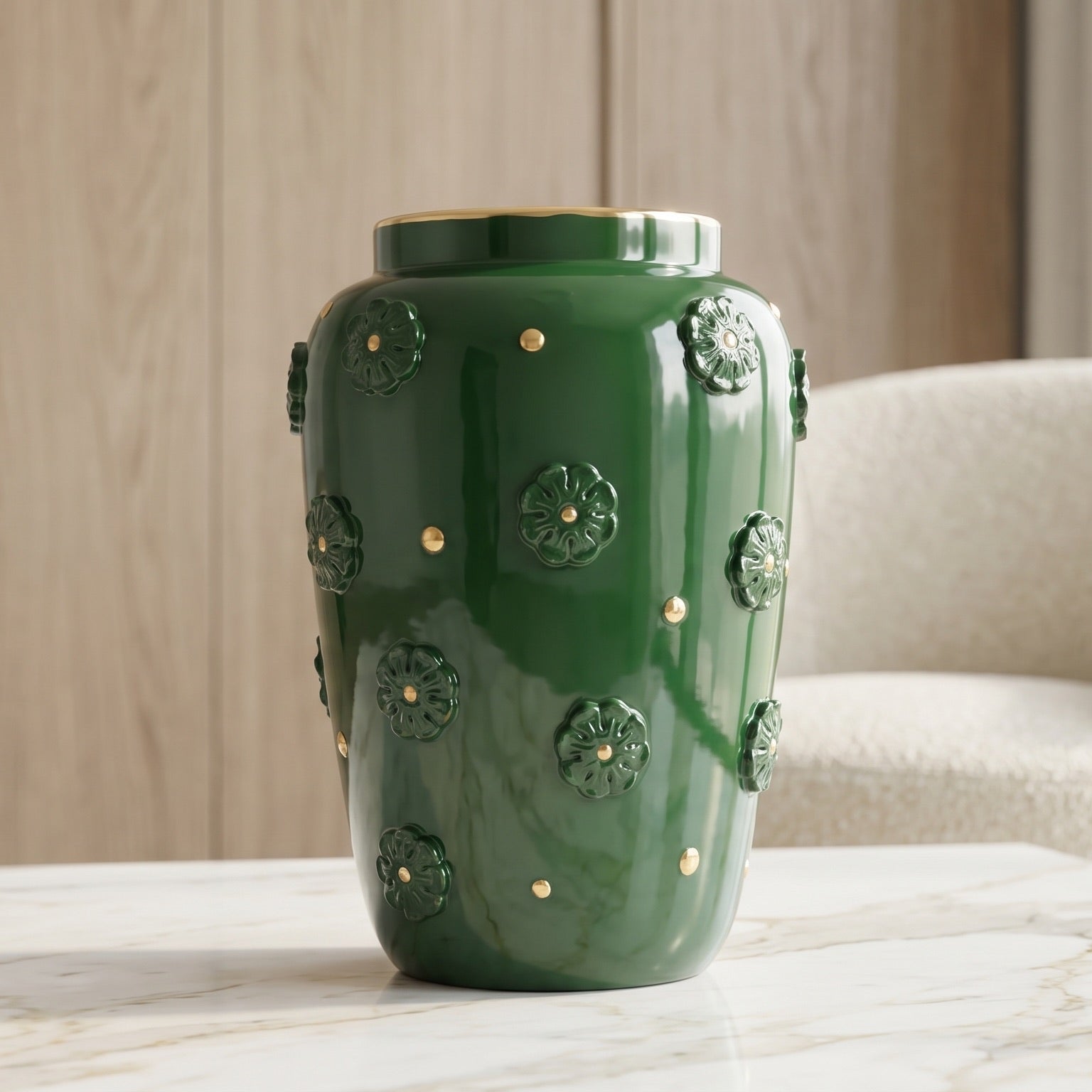 Vaso in Ceramica di Caltagirone h 37 cm - Rosone, Verde Antico e Oro