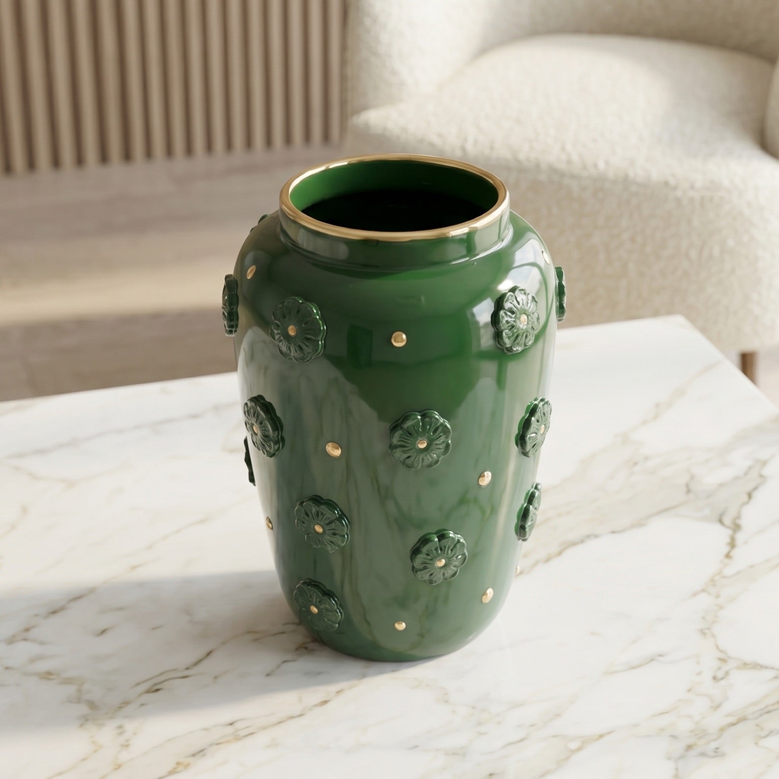 Vaso in Ceramica di Caltagirone h 37 cm - Rosone, Verde Antico e Oro