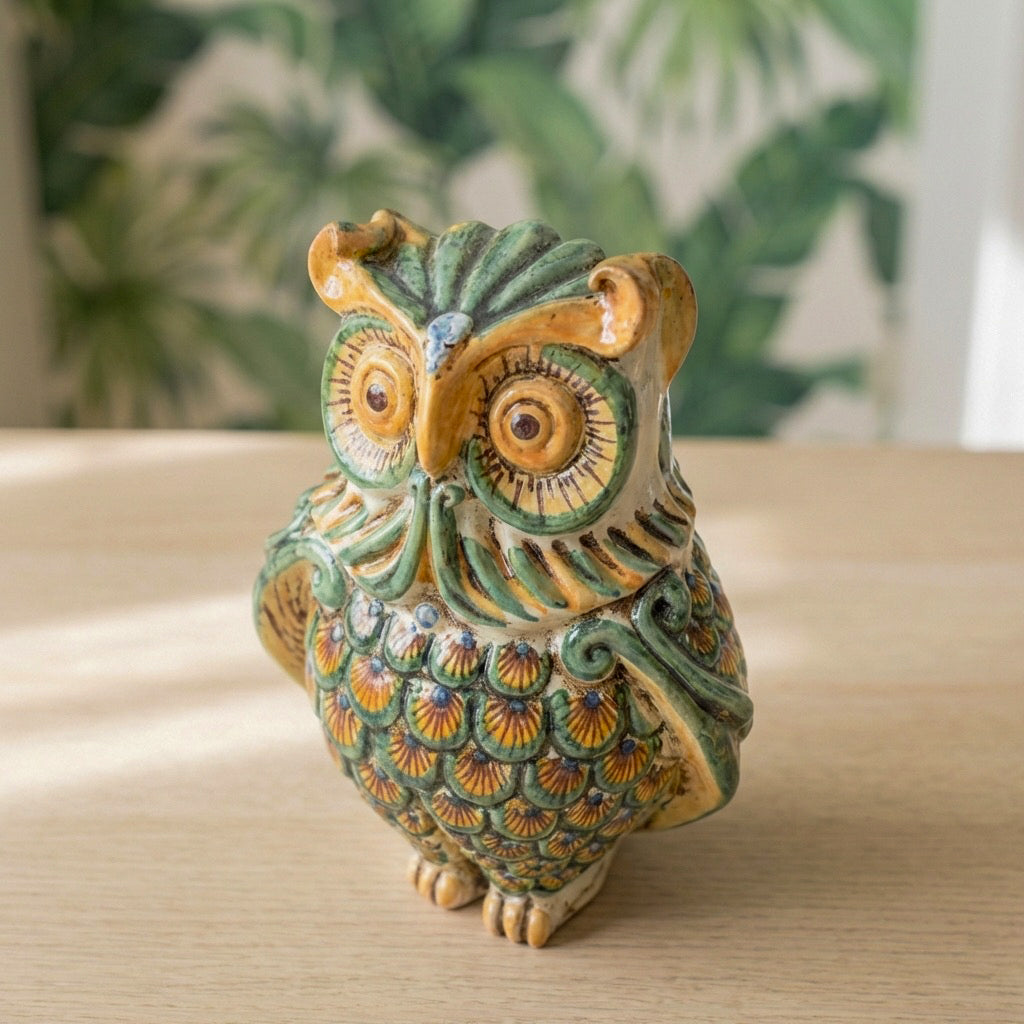 Gufo in Ceramica di Caltagirone h 20 cm - Verde e Arancio